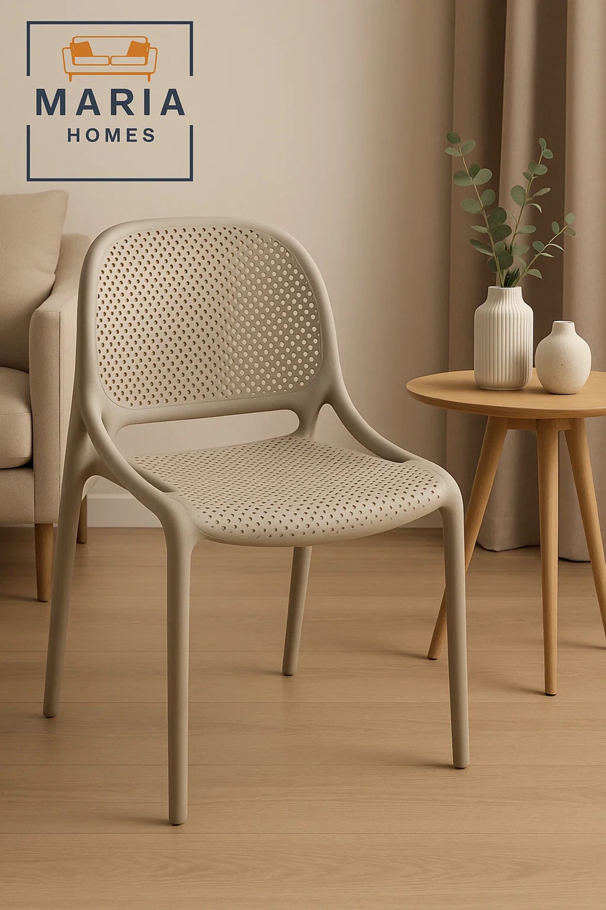 Beige Ventilated Plastic Armchair Ð Modern Perforated Chair for Indoor, Outdoor, or CafŽ Seating