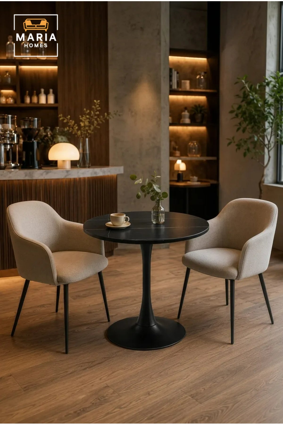 Modern Round Dining Table 70cm Black Marble-Effect Top with Black Pedestal Base √ê Contemporary Bistro & Caf≈Ω Table