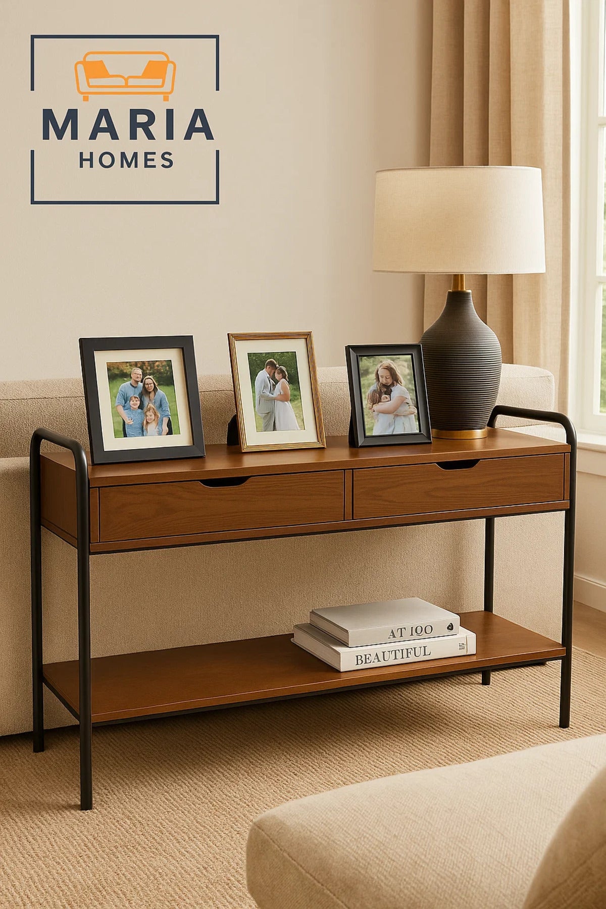 Walnut Console Table with Black Metal Frame and Dual Drawers