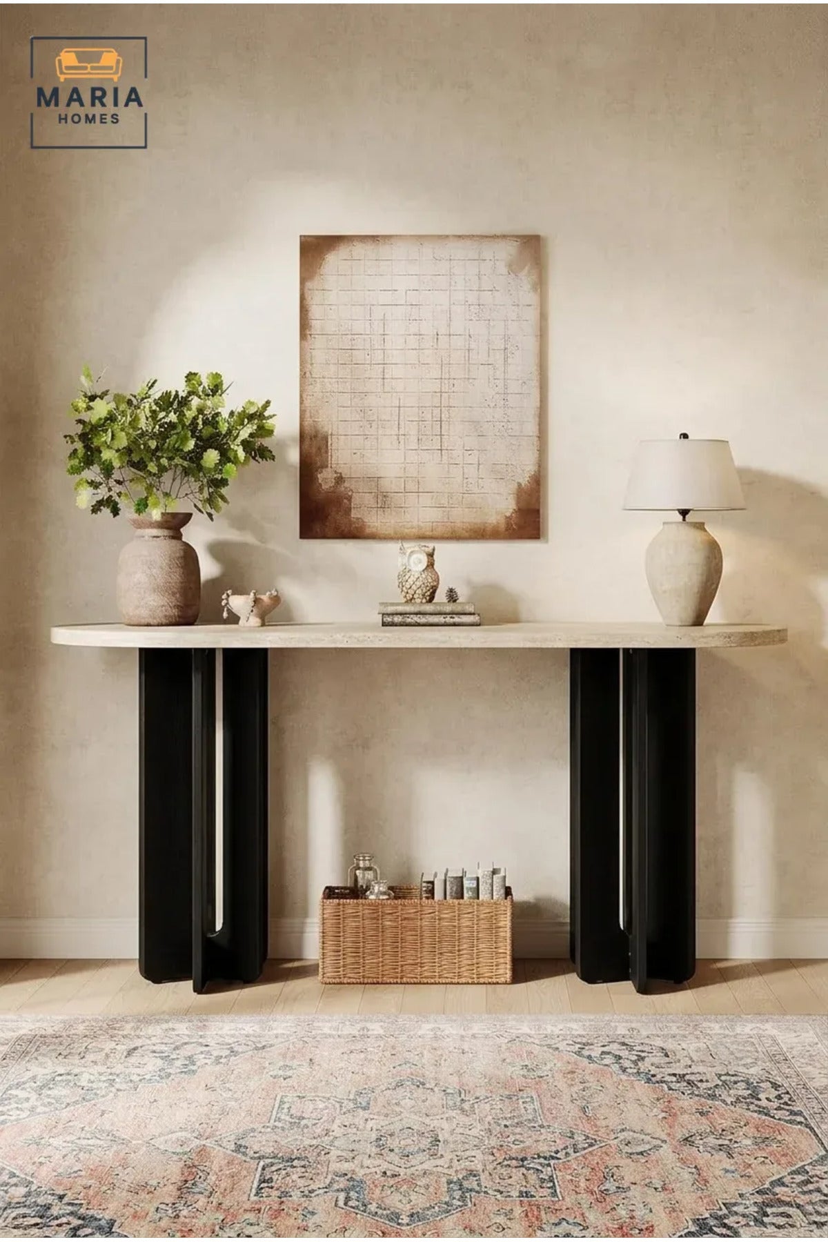 Modern Marble Top Console Table with Wooden Base for Entryway, Hallway & Living Room