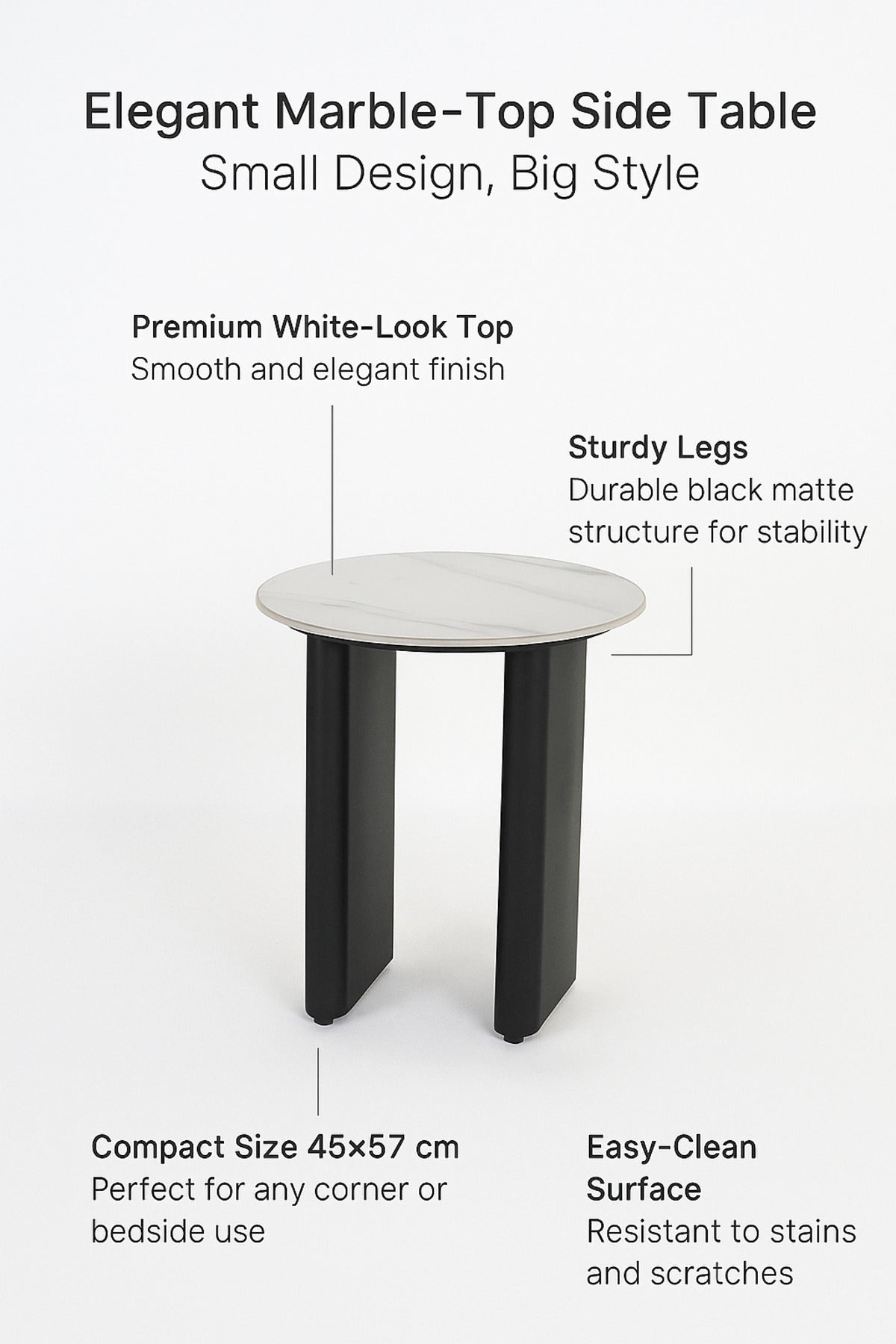 Round White Marble Side Table with Black Base Ð Modern Accent Table for Living Room 45_57 cm