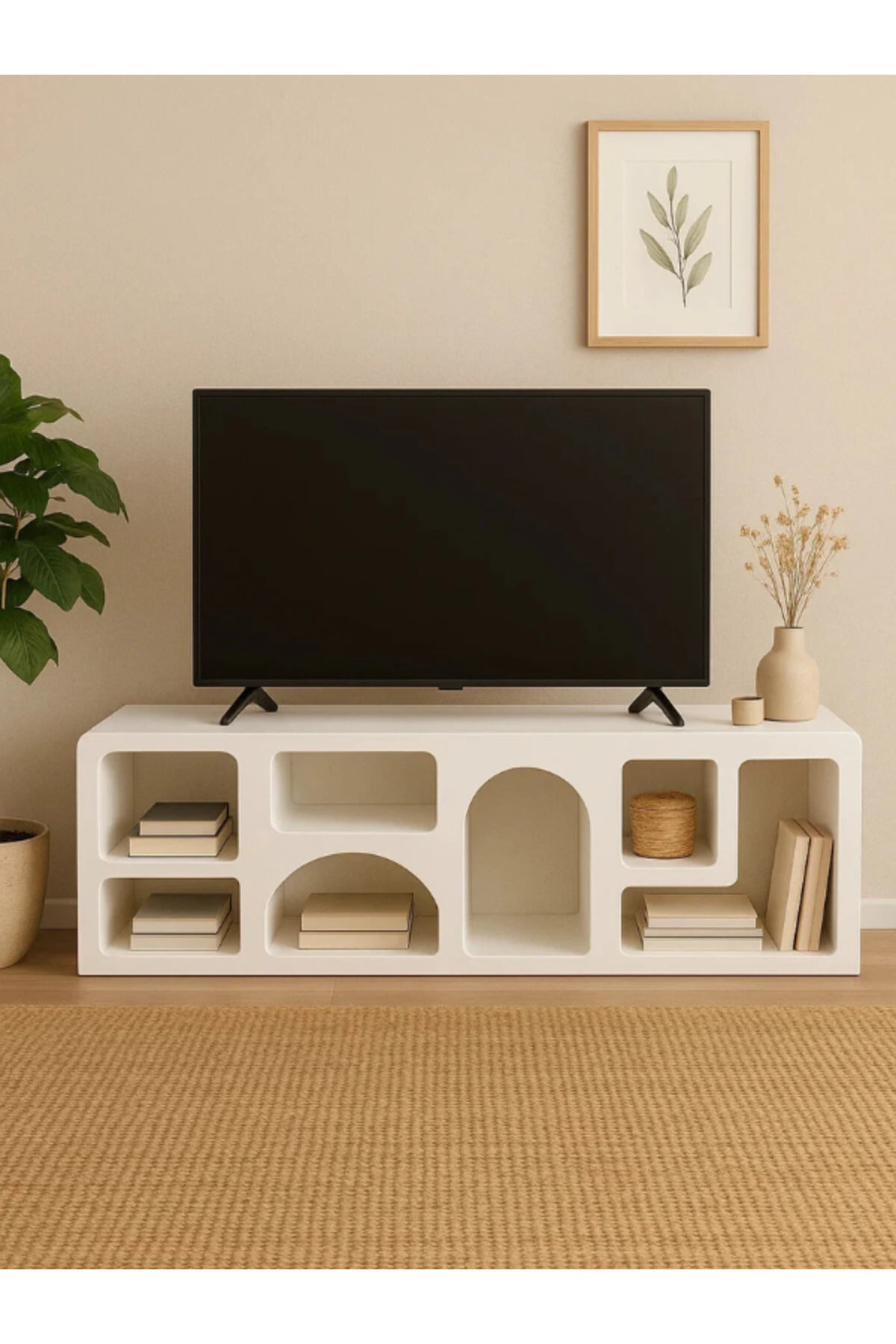 Modern White TV Stand with Arched Open Shelves – 180x40x50 cm Minimalist Media Console