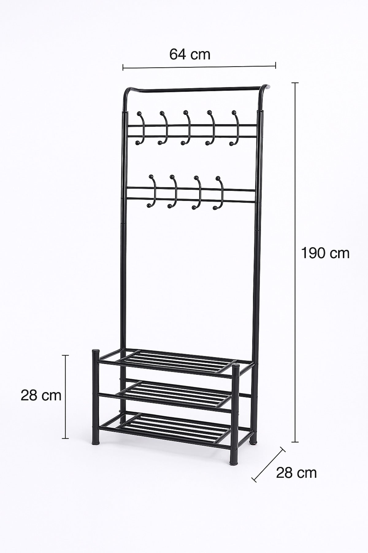 Metal Coat Rack with Hooks and Shoe Storage Ð Black 64_28_190 cm