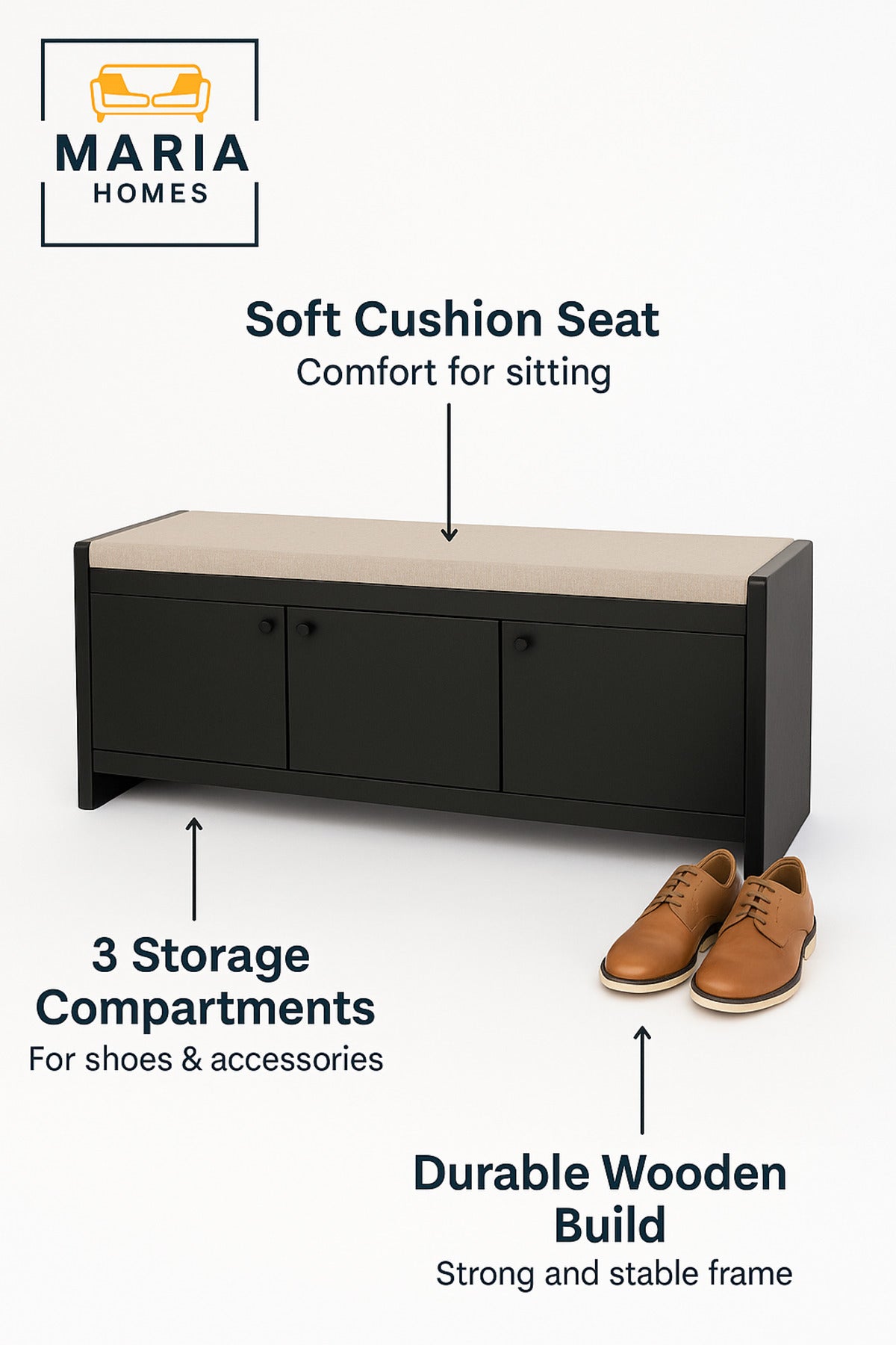 Black Wooden Storage Bench with Cushion Seat Ð Entryway Shoe Cabinet (120_40_52 cm)