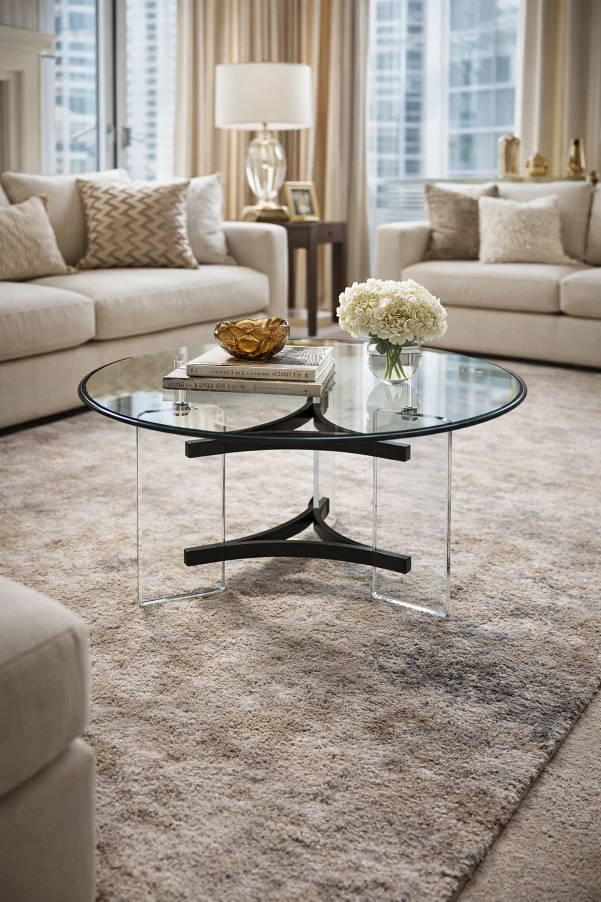 Stylish Round Center Table with Clear Acrylic Legs and Black Frame for Contemporary Living Areas