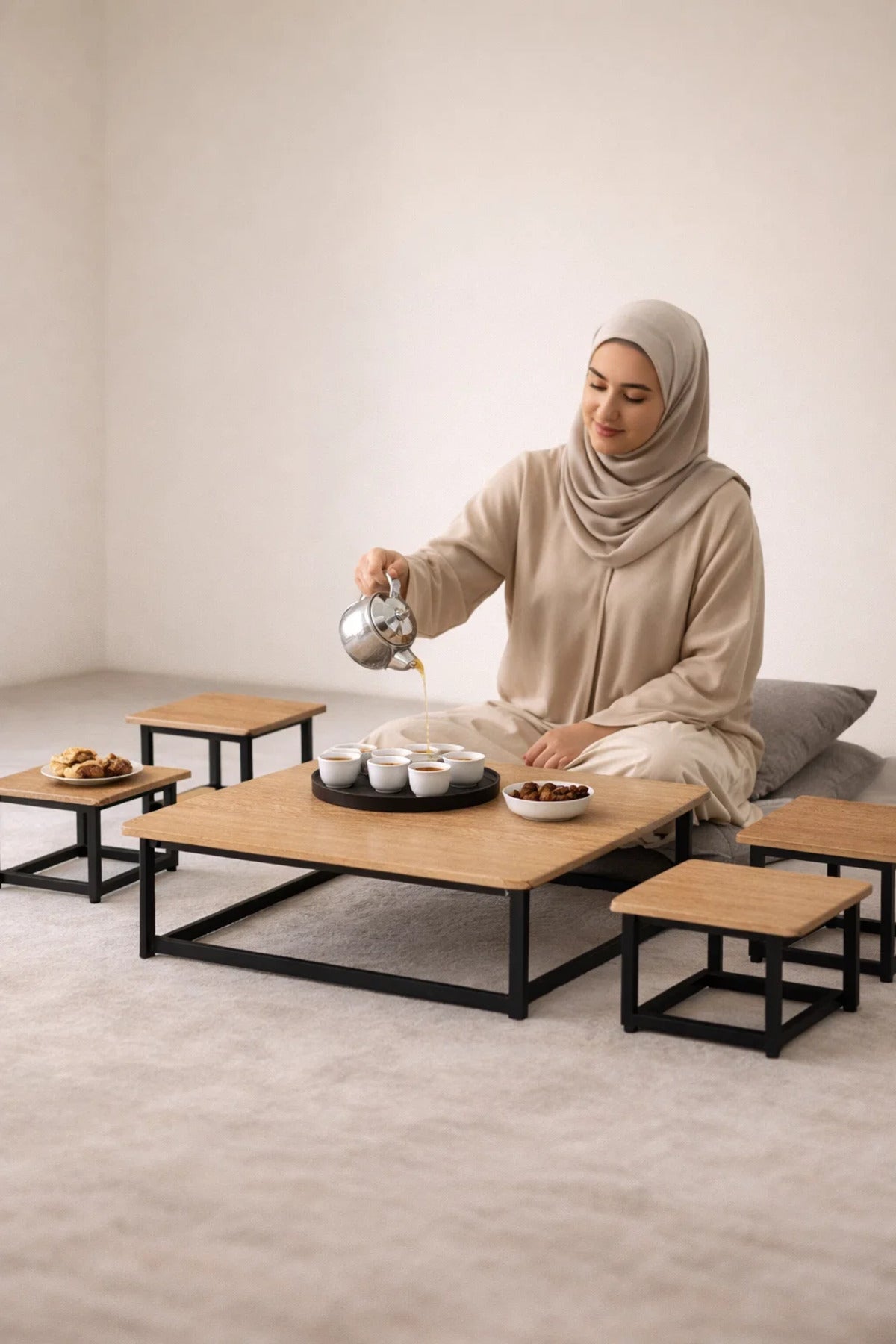 Modern 5-Piece Low Center Table Set Wood Top Black Metal Frame Floor Seating Coffee Table Unit