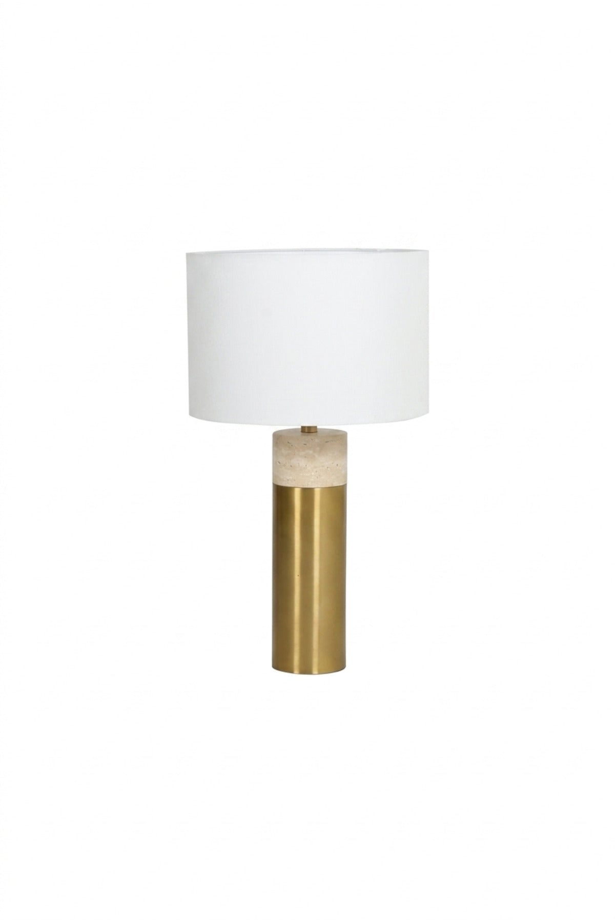 Modern Gold and Marble Table Lamp with White Drum Fabric Shade and Slim Cylindrical Base for Bedroom, Living Room, Office, Hotel and Bedside Décor