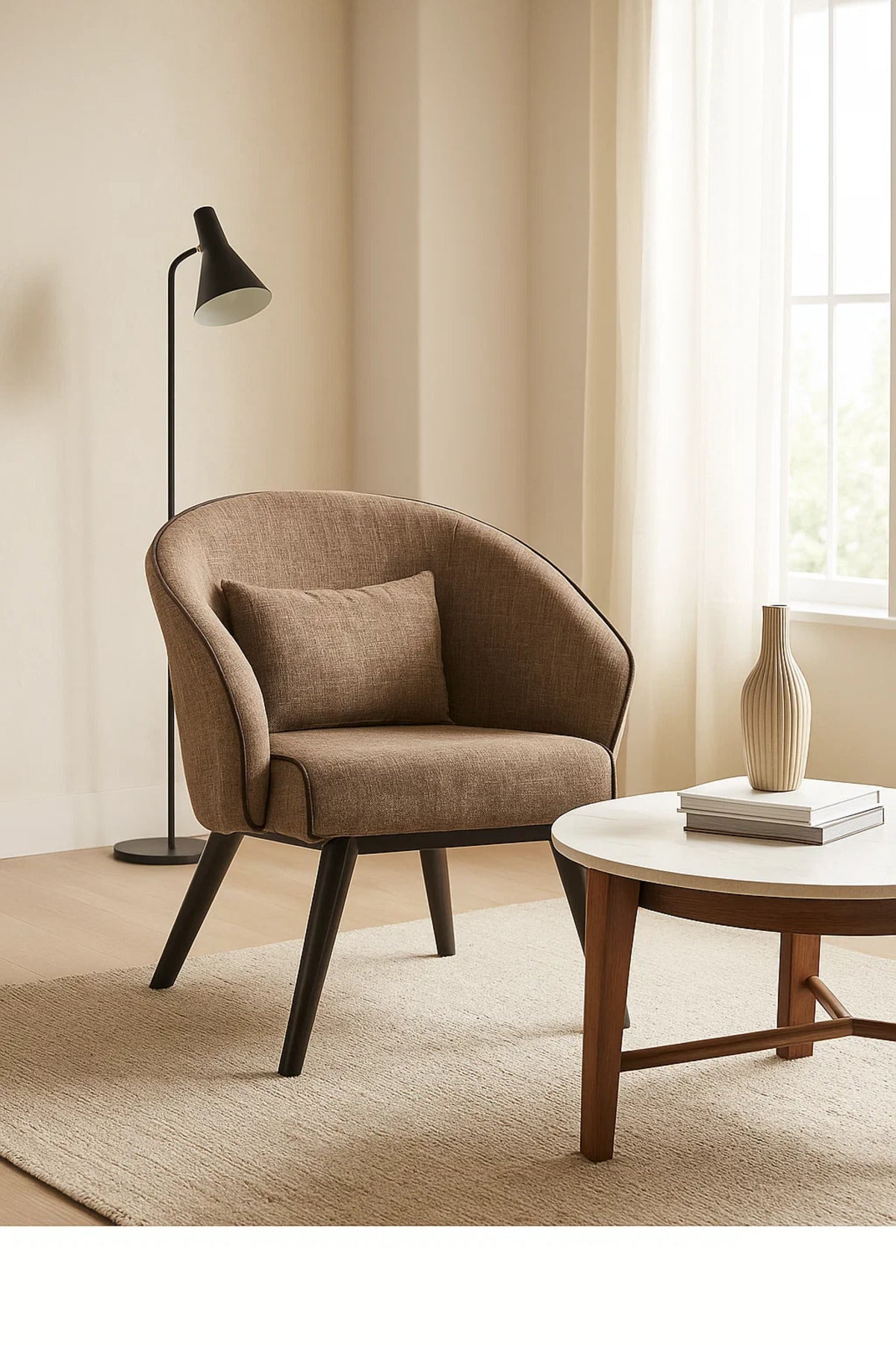 Brown Fabric Accent Chair with Cushion, Modern Armchair for Living Room, Bedroom, Office Cabin