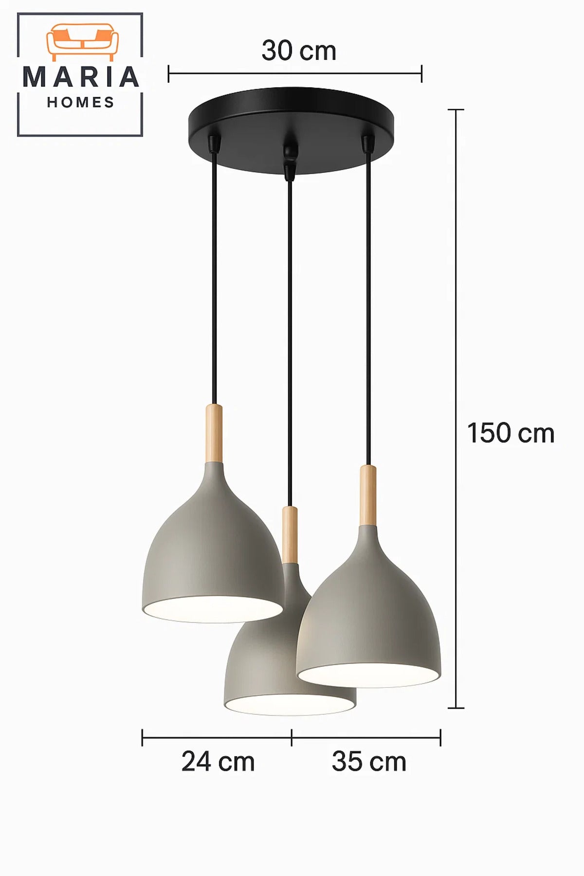 Triple Pendant Light with Wood and Matte Grey Finish