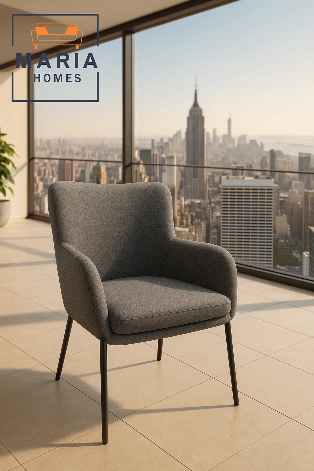 Grey High Back Lounge Chair Ð Upholstered Armchair with Black Metal Legs for Home, Office or Lobby