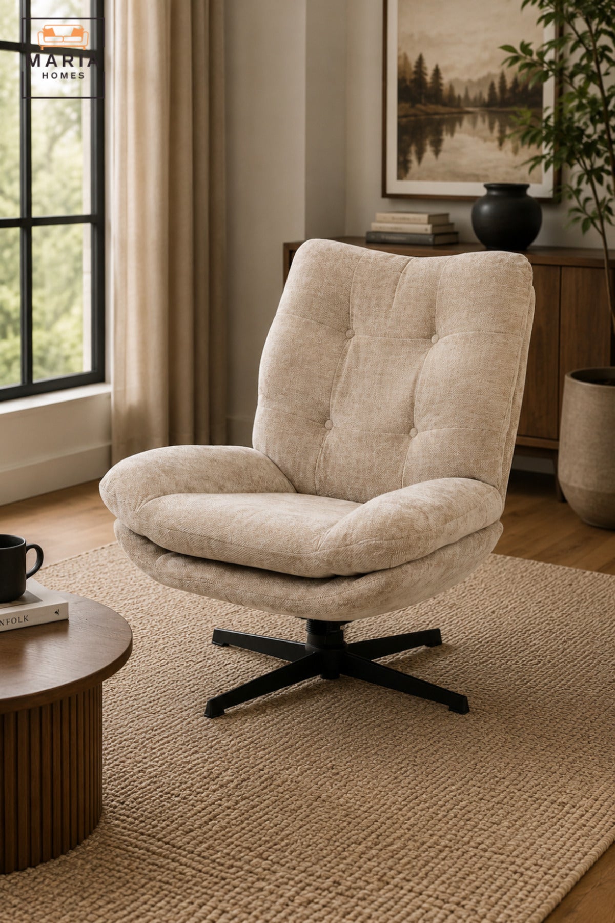 Modern Swivel Lounge Chair with Tufted High Backrest & Deep Cushioned Seat | Contemporary Accent Chair for Living Room, Bedroom, Office & Reading Area