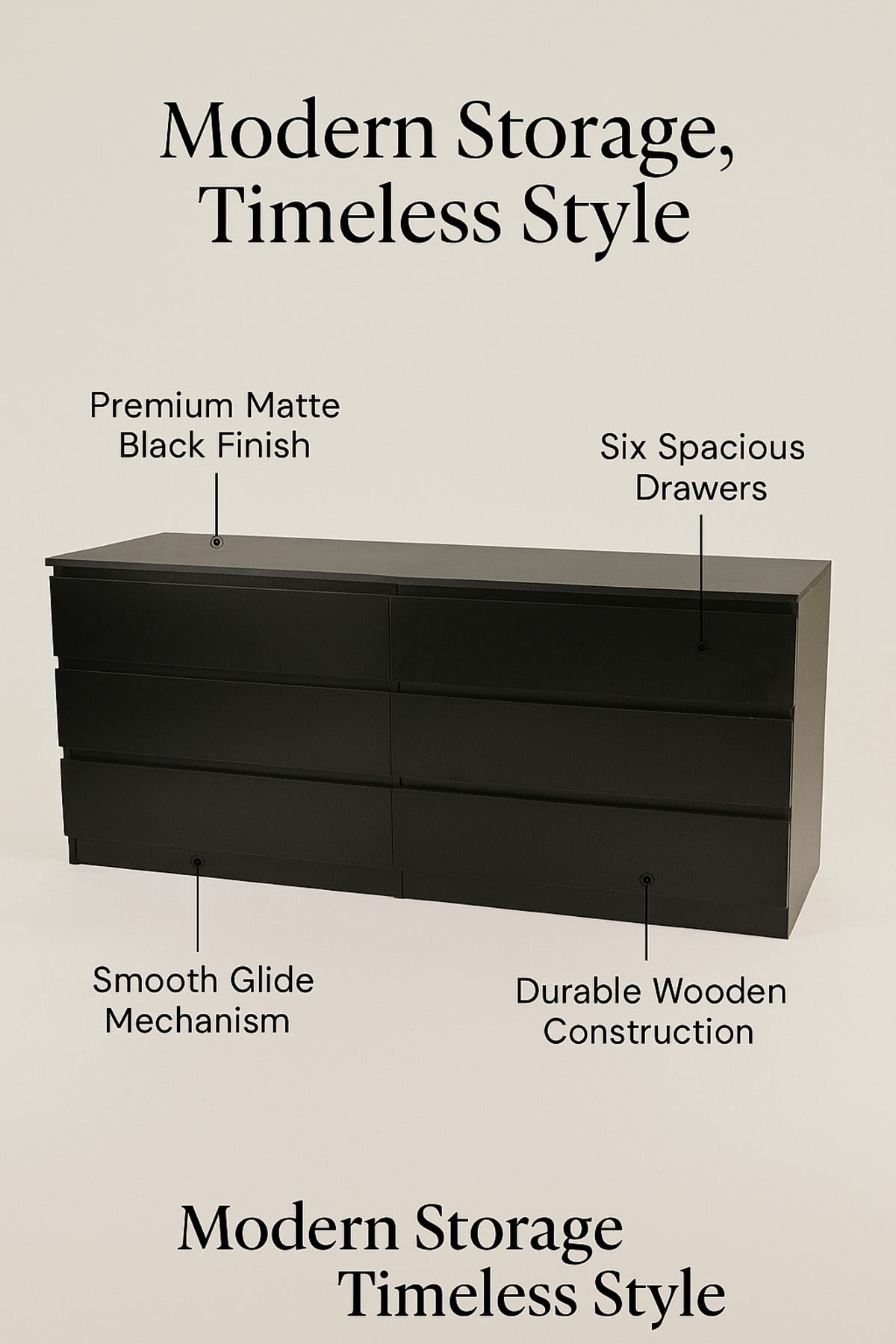 Black Wooden Drawer Cabinet 160_48_79 cm Ð Modern 6-Drawer Dresser for Bedroom, Living Room & Office