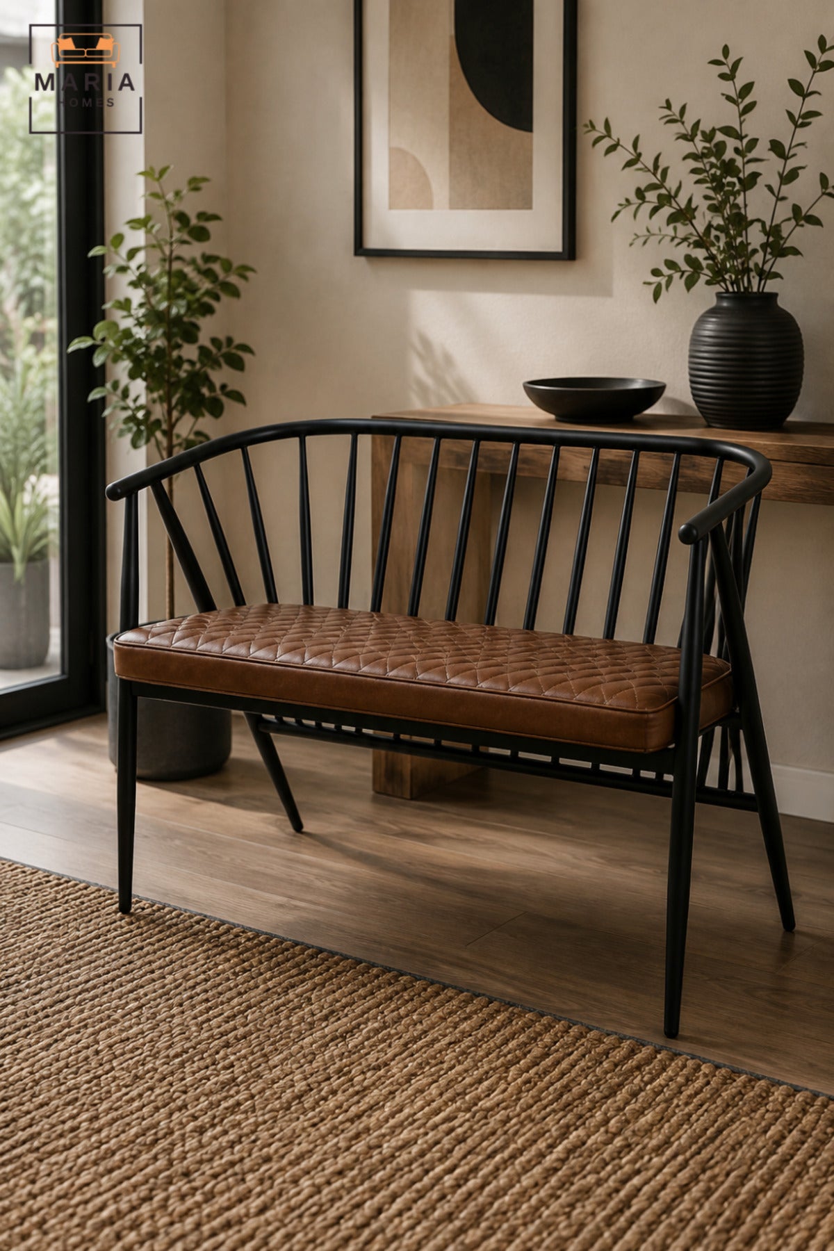 Modern 2 Seater Waiting Bench with Padded Seat, Curved Spindle Backrest and Armrests for Reception, Lounge, Office, Café & Guest Area