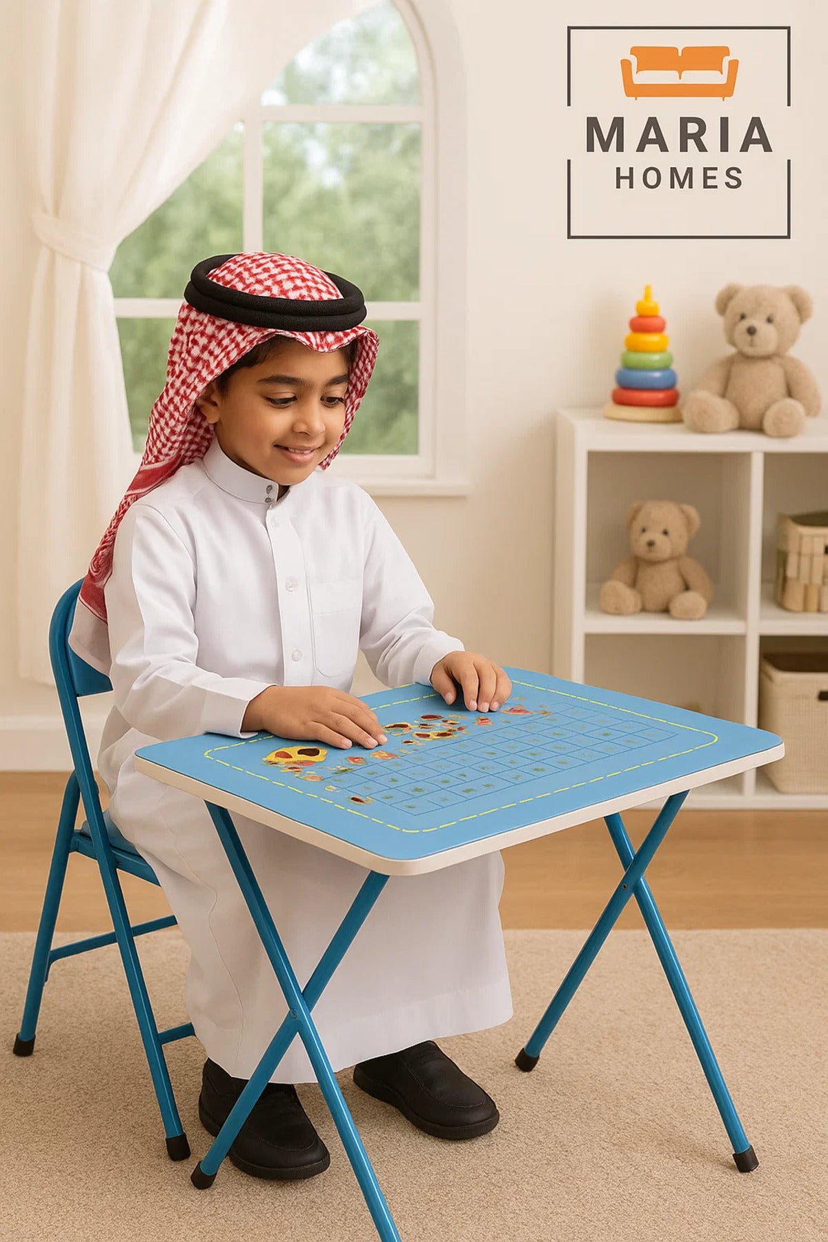 Blue Kids Study Table and Chair Set Ð Foldable Learning Desk with Educational Alphabet Print