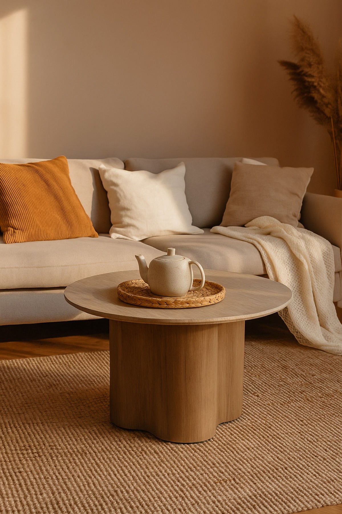 Round Coffee Table with Brown Wooden Base and Light Top Ð Modern Living Room Center Table 90_45 cm