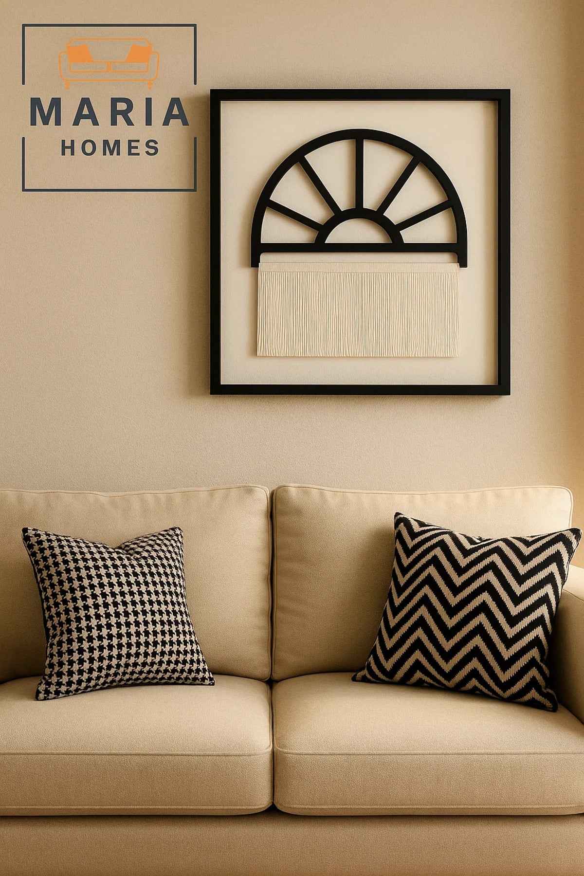 Half Arch Wall Art with Black Frame and Hanging Fringe Accent-size 90*90*3 CM
