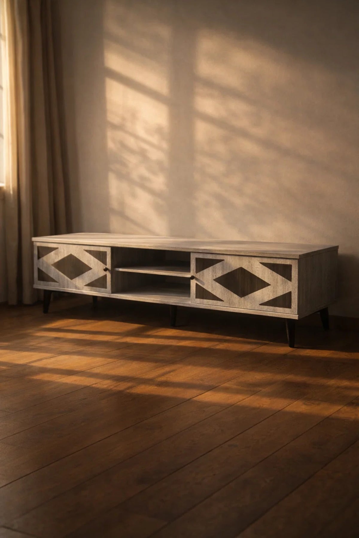 Stylish 180cm TV Table Media Stand with Geometric Pattern Doors and Open Storage for Living Room Art