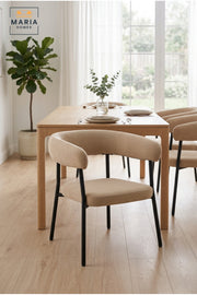 Modern Beige Upholstered Dining Chair with Curved Backrest & Metal Legs for Dining Room