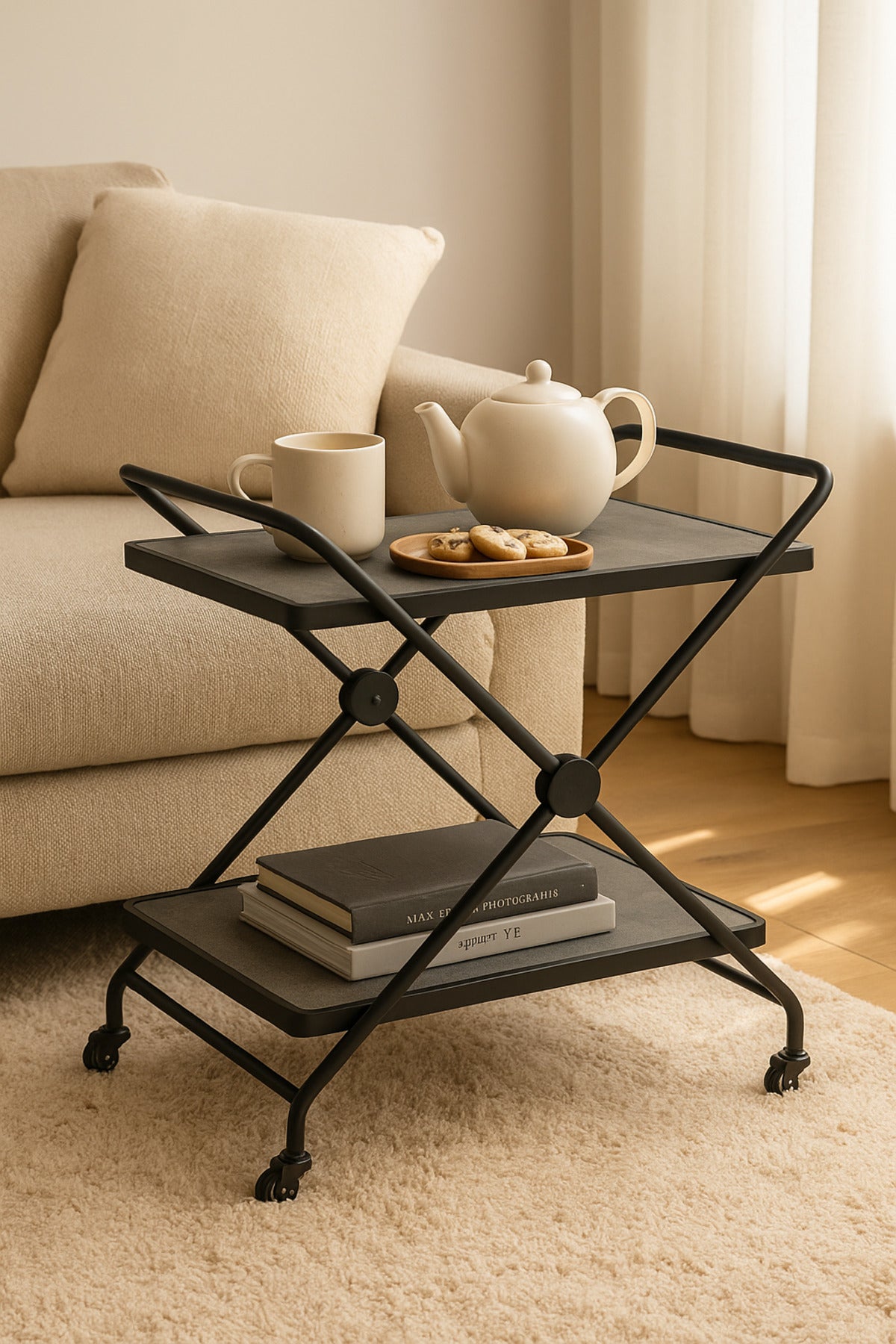 Industrial Gray Metal Serving Trolley with Wheels Ð 2-Tier Bar Cart 70_40_84 cm