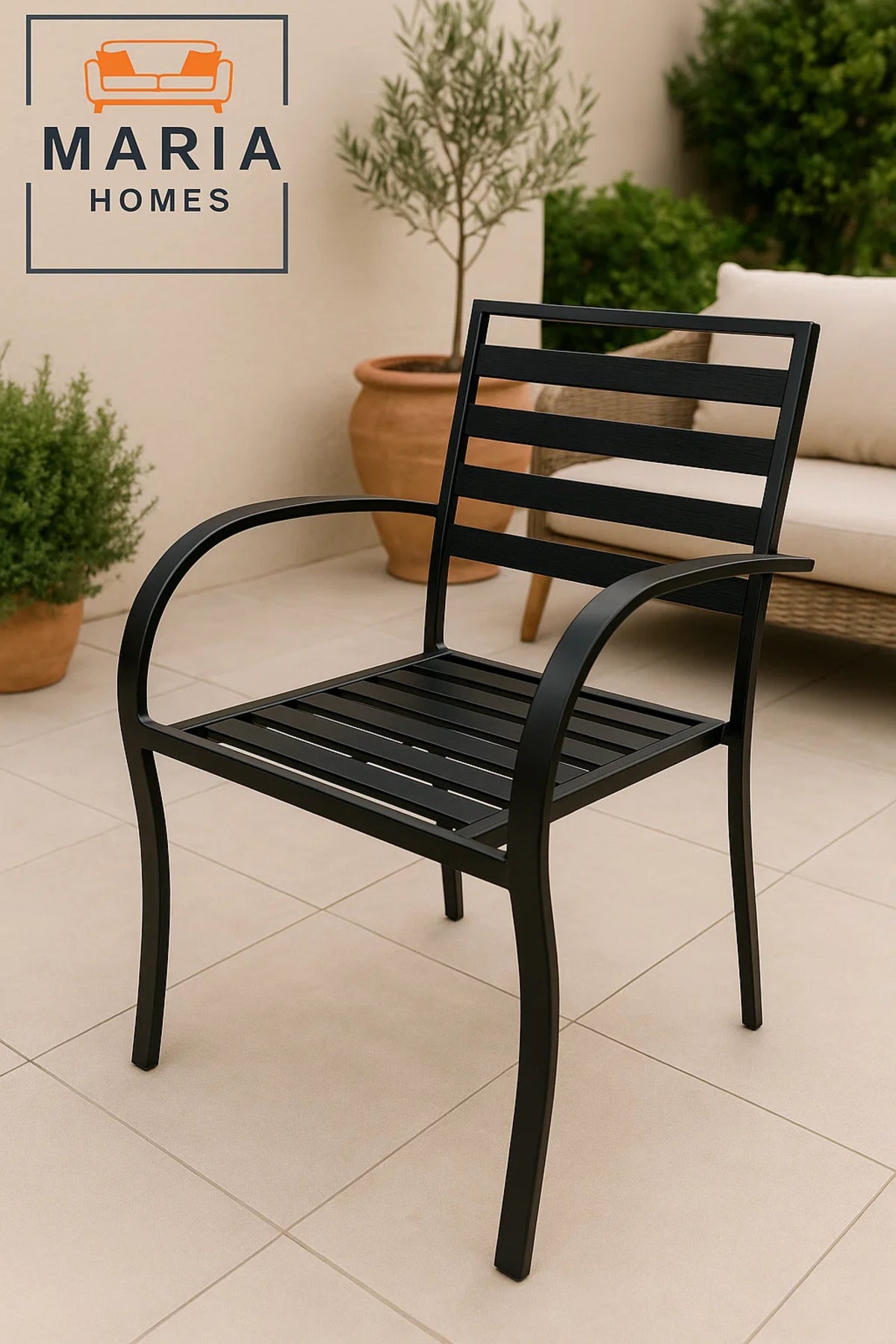 Black Metal Outdoor Armchair Ð Slatted Seat and Backrest for Patio or Garden