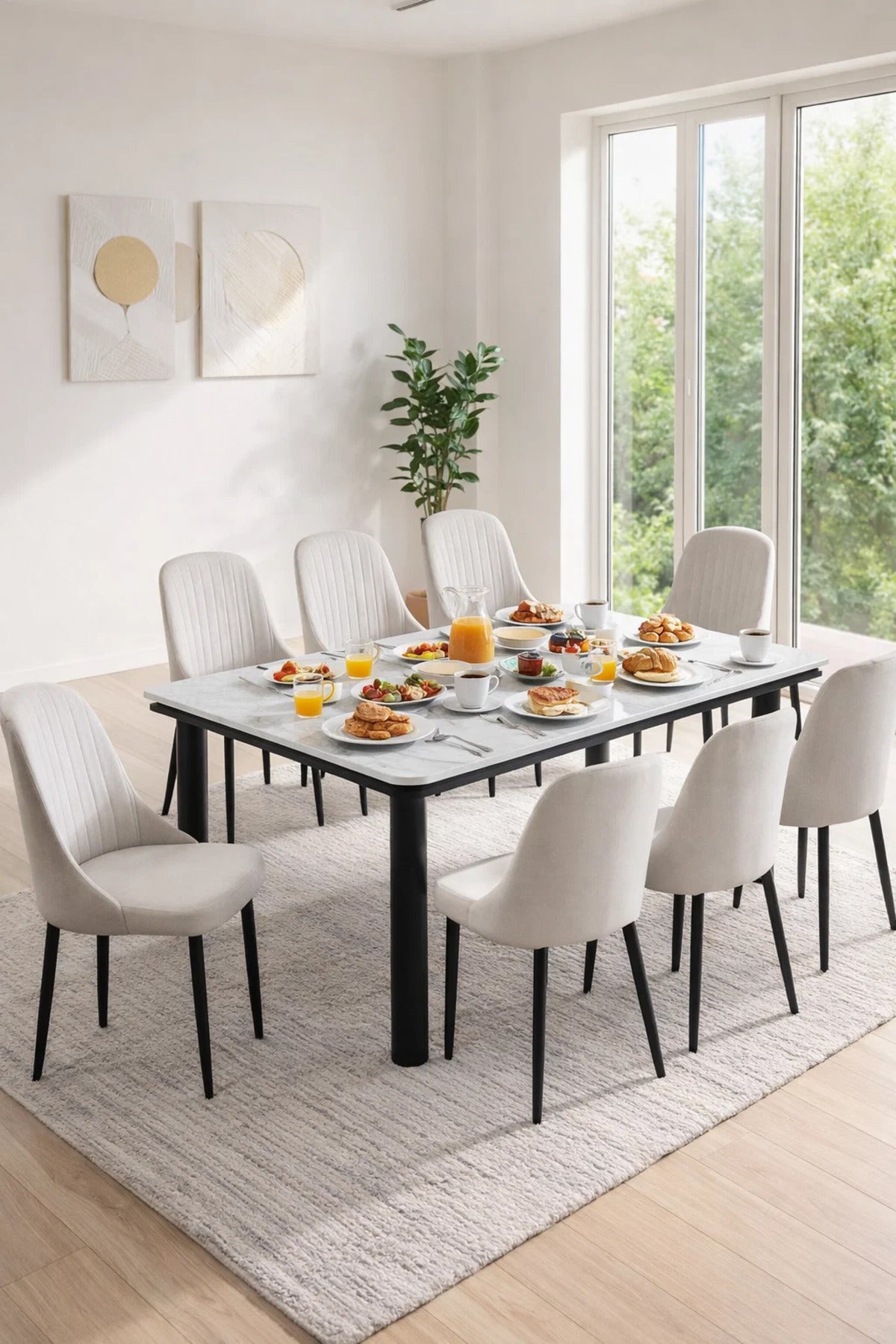 Modern 9-Piece Dining Set Faux Marble Table 180cm with 8 Light Grey Velvet Upholstered Chairs