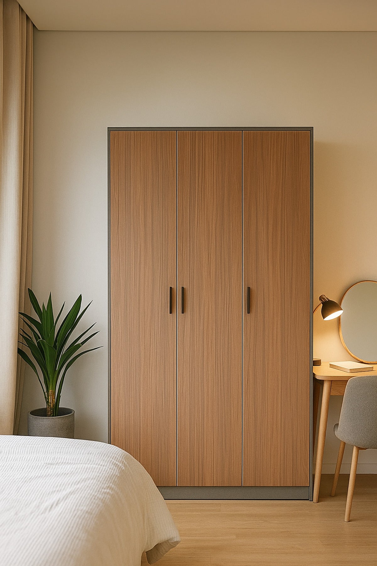 3-Door Wardrobe with Shelves Ð 160_54_200 cm Modern Gray & Wood Finish Large Storage Cabinet