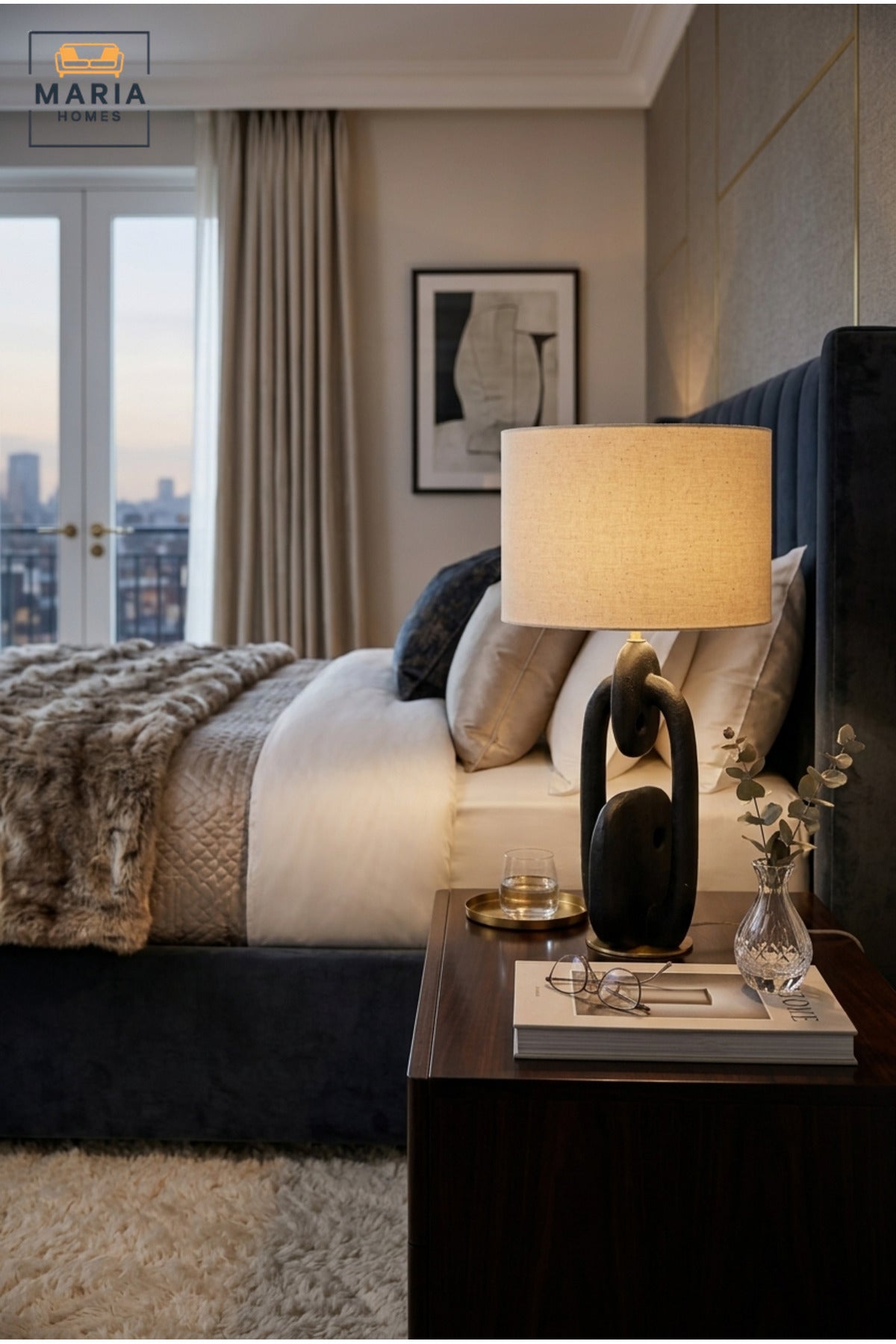 Modern Abstract Black Table Lamp with Beige Drum Fabric Shade and Sculptural Chain Link Base for Bedroom, Living Room, Office, Hotel and Bedside Décor