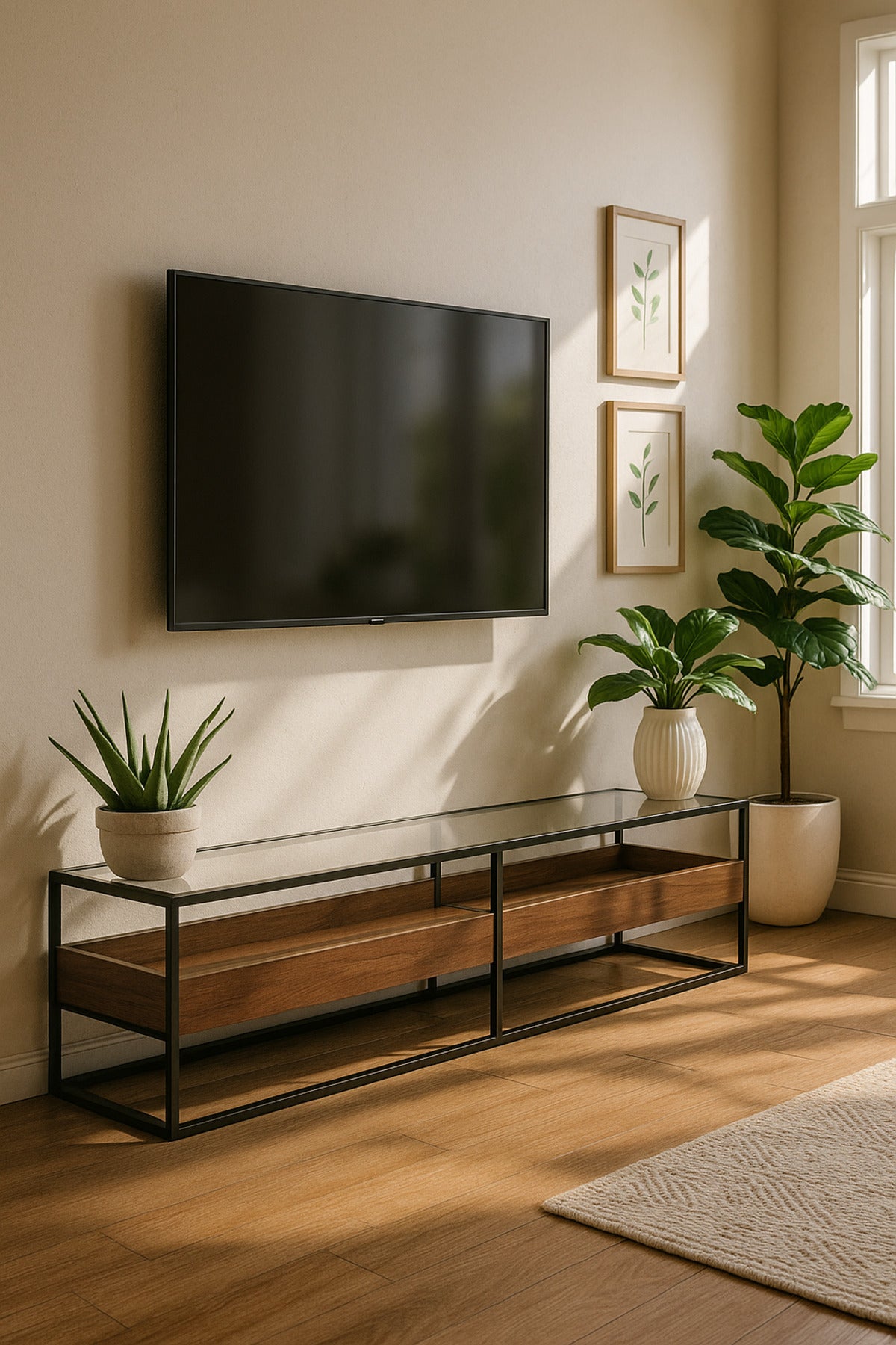 Modern Walnut TV Table with Glass Top & Black Metal Frame Ð 180_40_45 cm