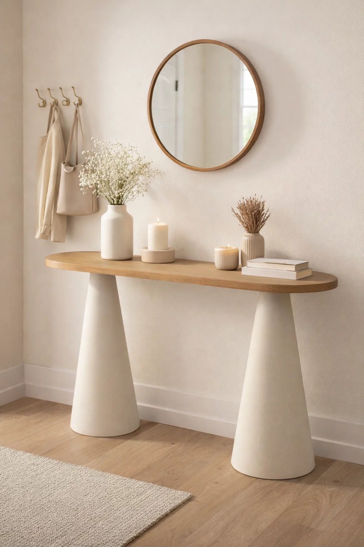 Elegant Oval Wood Console Table with Beige Conical Legs for Modern Home Entryway Decor 47in