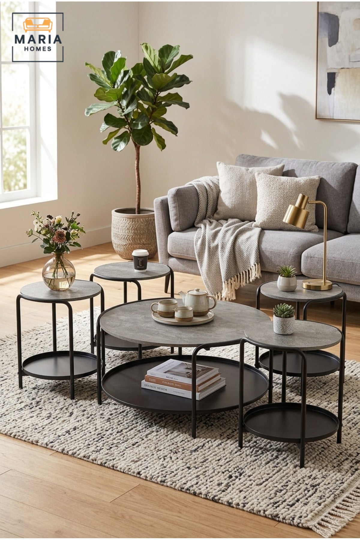 Modern Five-Piece Coffee Table Set with Round Center Table, Four Matching Side Tables and Lower Storage Shelves for Living Room, Lounge and Office