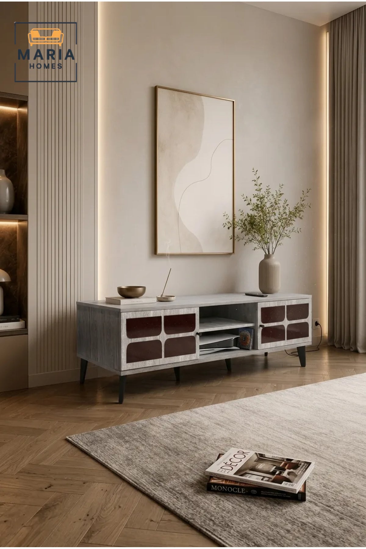 Modern Grey TV Unit 160 _ 40 _ 45 cm √ê Entertainment Center with Decorative Cabinet Doors and Open Storage Shelf