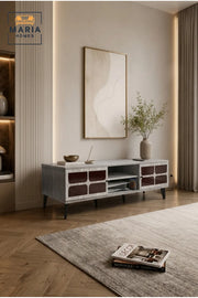 Modern Grey TV Unit 160 _ 40 _ 45 cm √ê Entertainment Center with Decorative Cabinet Doors and Open Storage Shelf