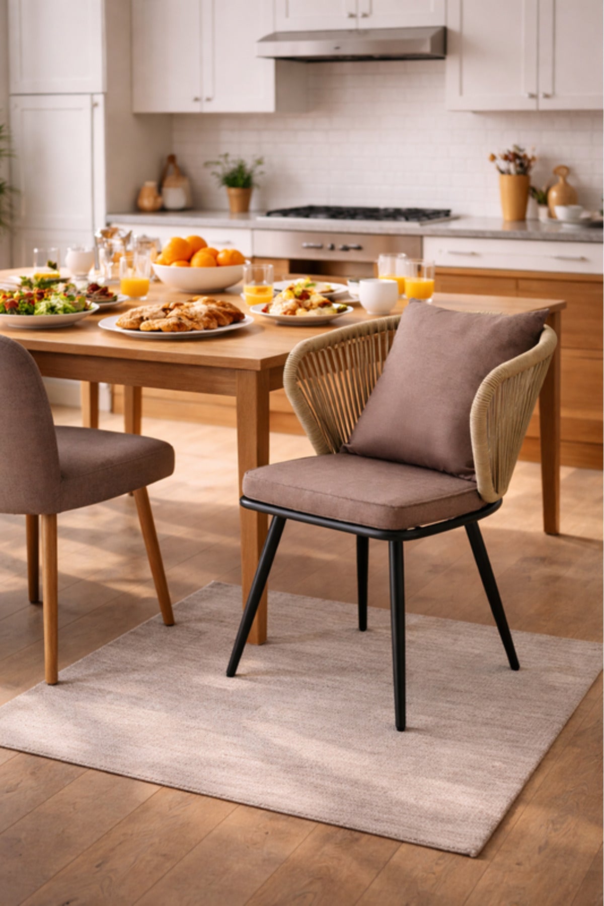 Coffee Fabric Dining Chair with Cushion Modern Woven Back coffee fabric dining Garden