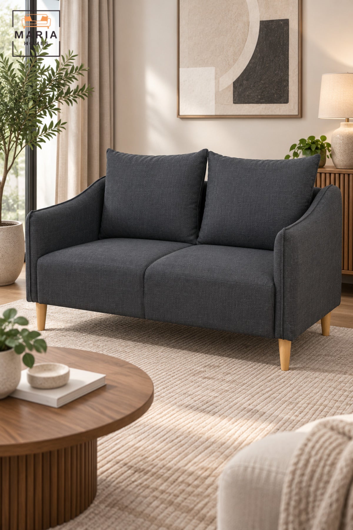 Modern 2 Seater Fabric Sofa with Soft Back Cushions, Comfortable Loveseat with Armrests and Wooden Legs for Living Room, Bedroom & Lounge