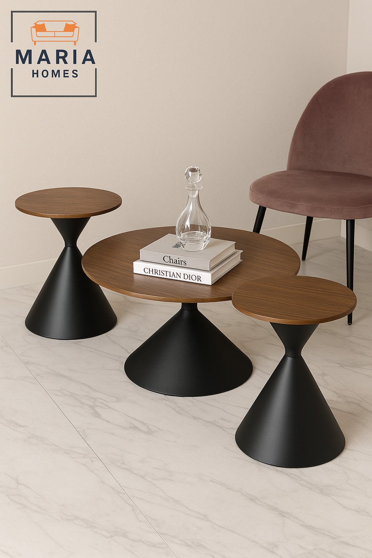 Modern Walnut Coffee Table Set Ð 3-Piece Round Center and Side Tables with Black Cone Base