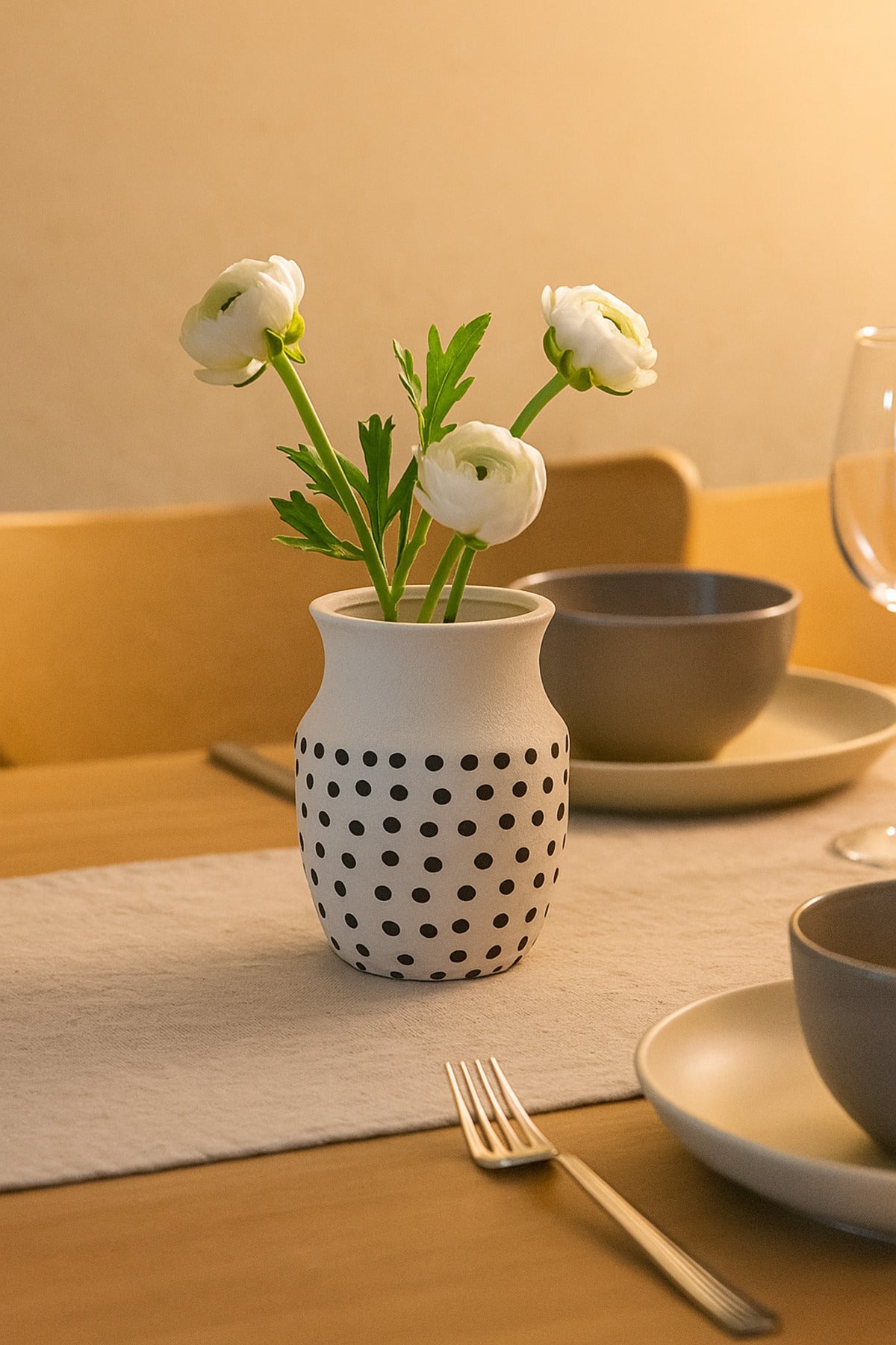 Natural White Ceramic Vase with Black Dots Ð Curved Mouth Decorative Vase