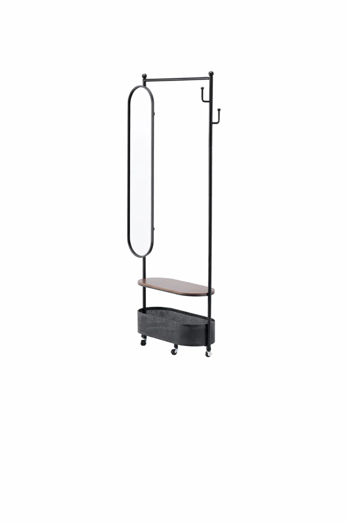 Modern Mobile Coat Rack Stand with Oval Mirror Shelf and Basket Storage for Hallway Organization