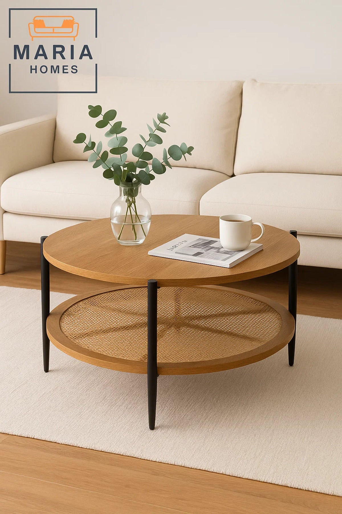 Wood grain coffee table with round rattan storage shelf