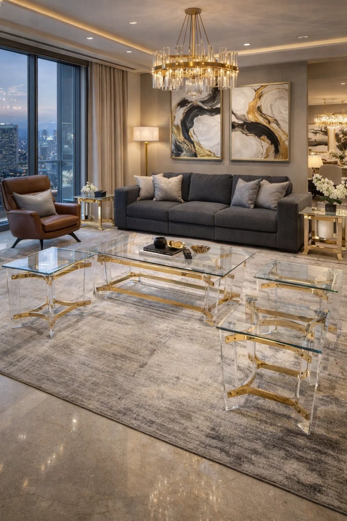 Elegant 5-Piece Glass Coffee Table Set with Gold Acrylic Base √ê Modern Living Room Furniture