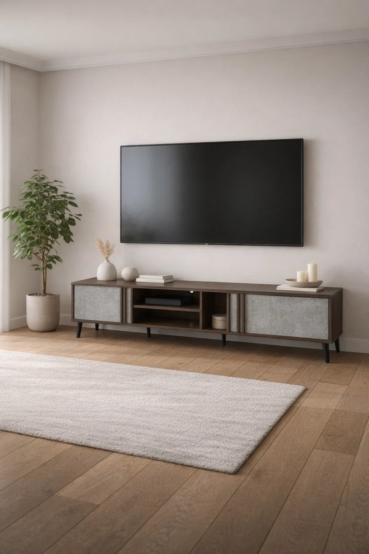 Brown & Grey TV Stand √ê 200x40x45 cm Modern Plasma Table with Cabinets & Shelves