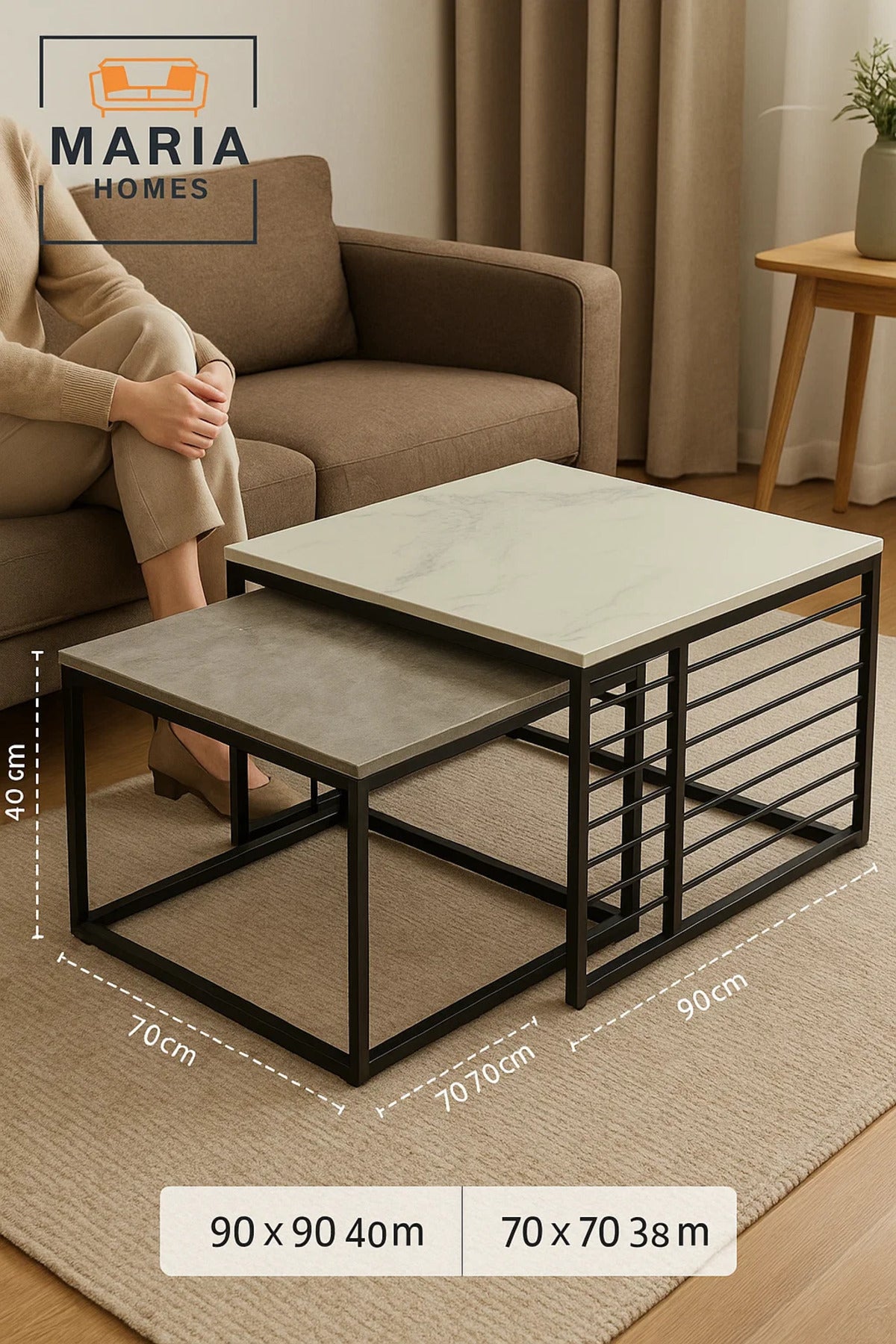 Modern Nesting Coffee Table Set Ð Marble Top with Black Metal Cage Frame