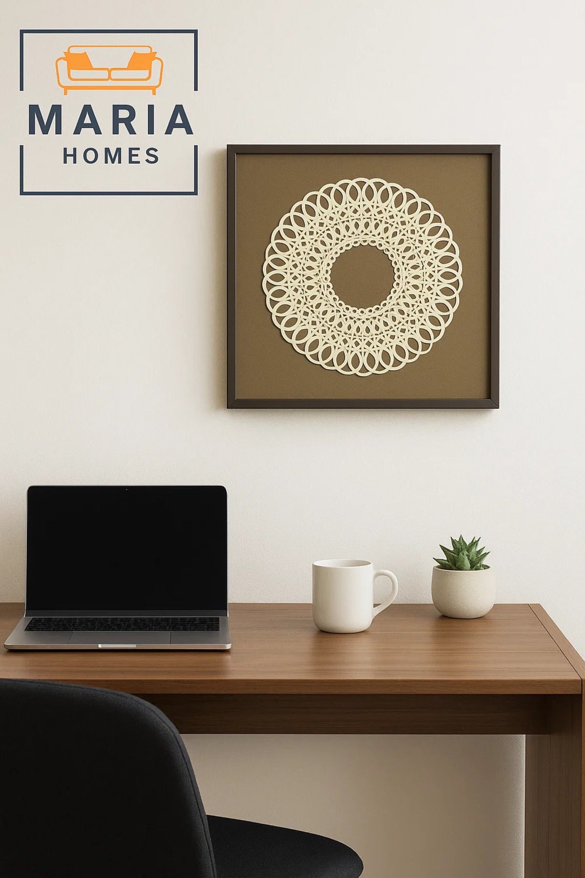 Framed Mandala Wall Art with White Lace Pattern on Brown Canvas-size 90*90*3 CM