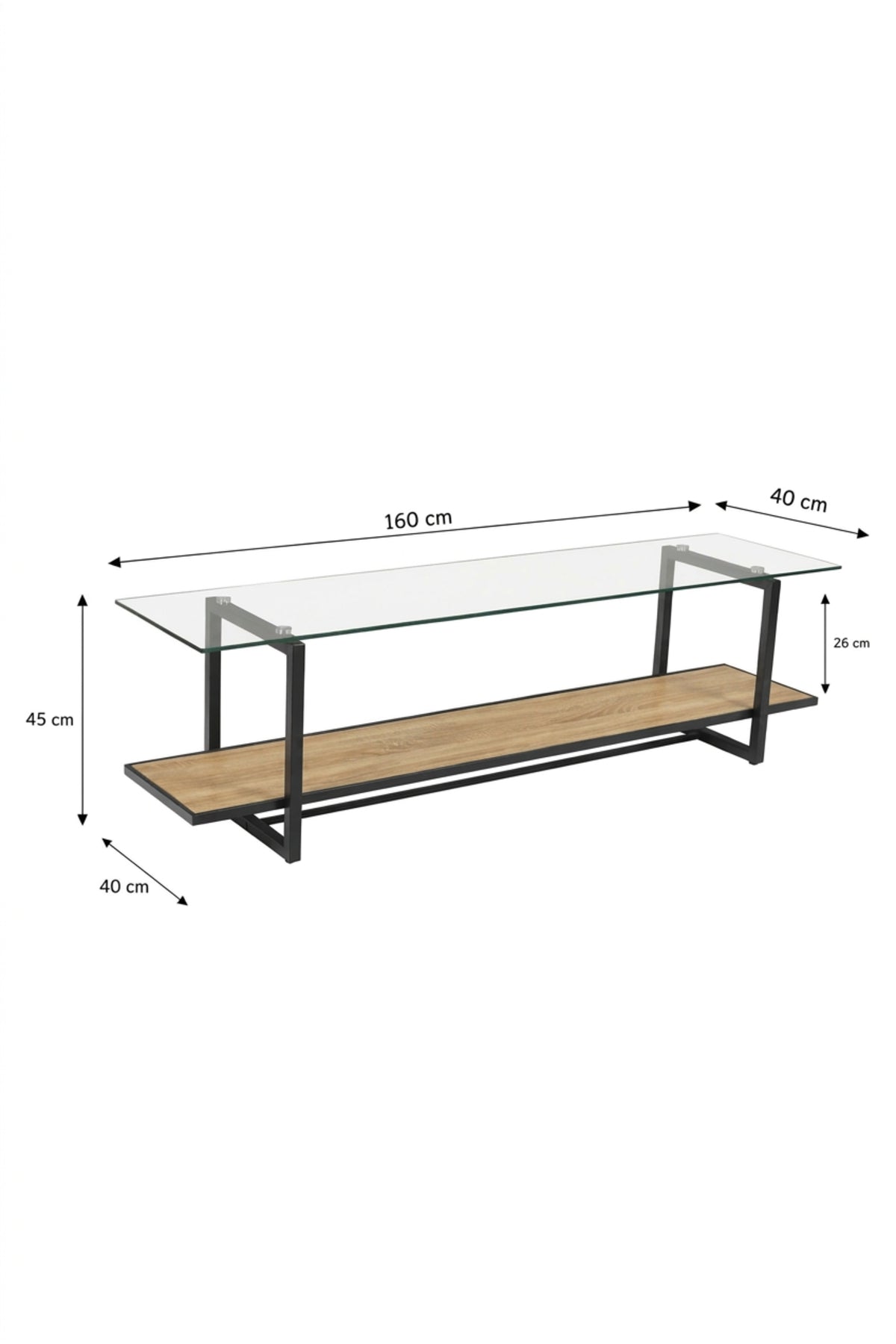 Modern Glass TV Unit 160 _ 40 _ 45 cm √ê Tempered Glass Entertainment Center with Wooden Shelf and Metal Frame