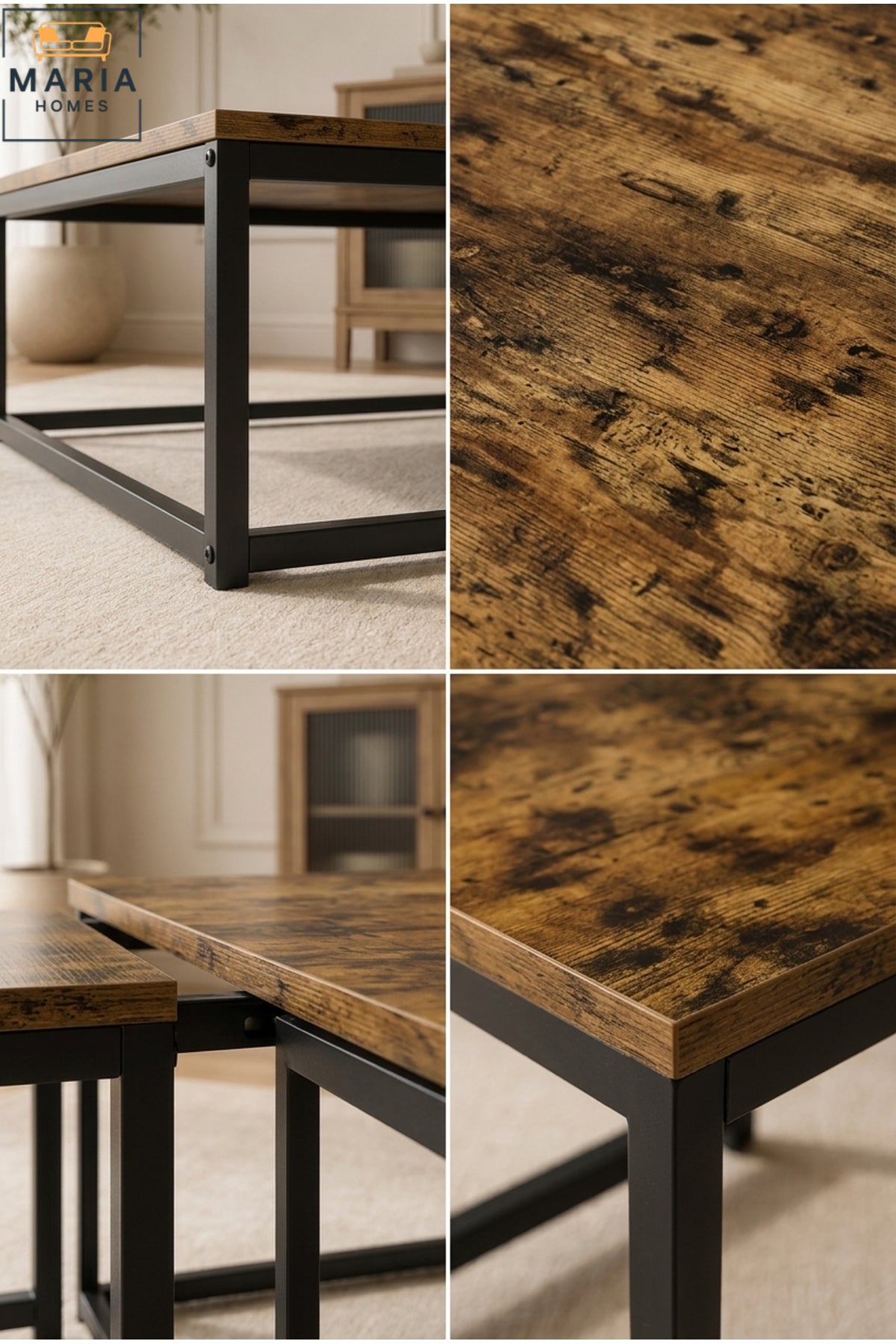 Modern Center Table set – Wooden Top with Metal Base, Living Room Coffee Table