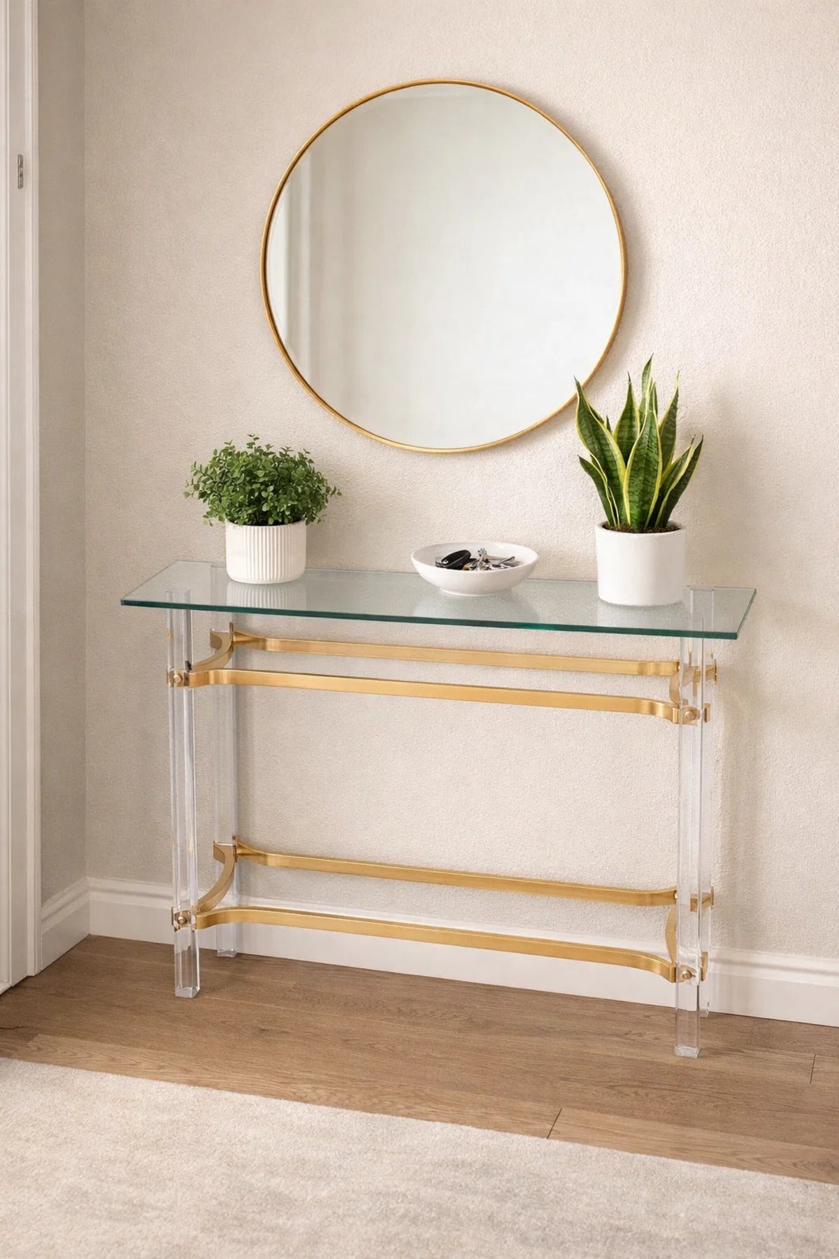 Premium Gold and Acrylic Console Table Modern Glass Top Entryway Furniture Stylish Hallway Stand