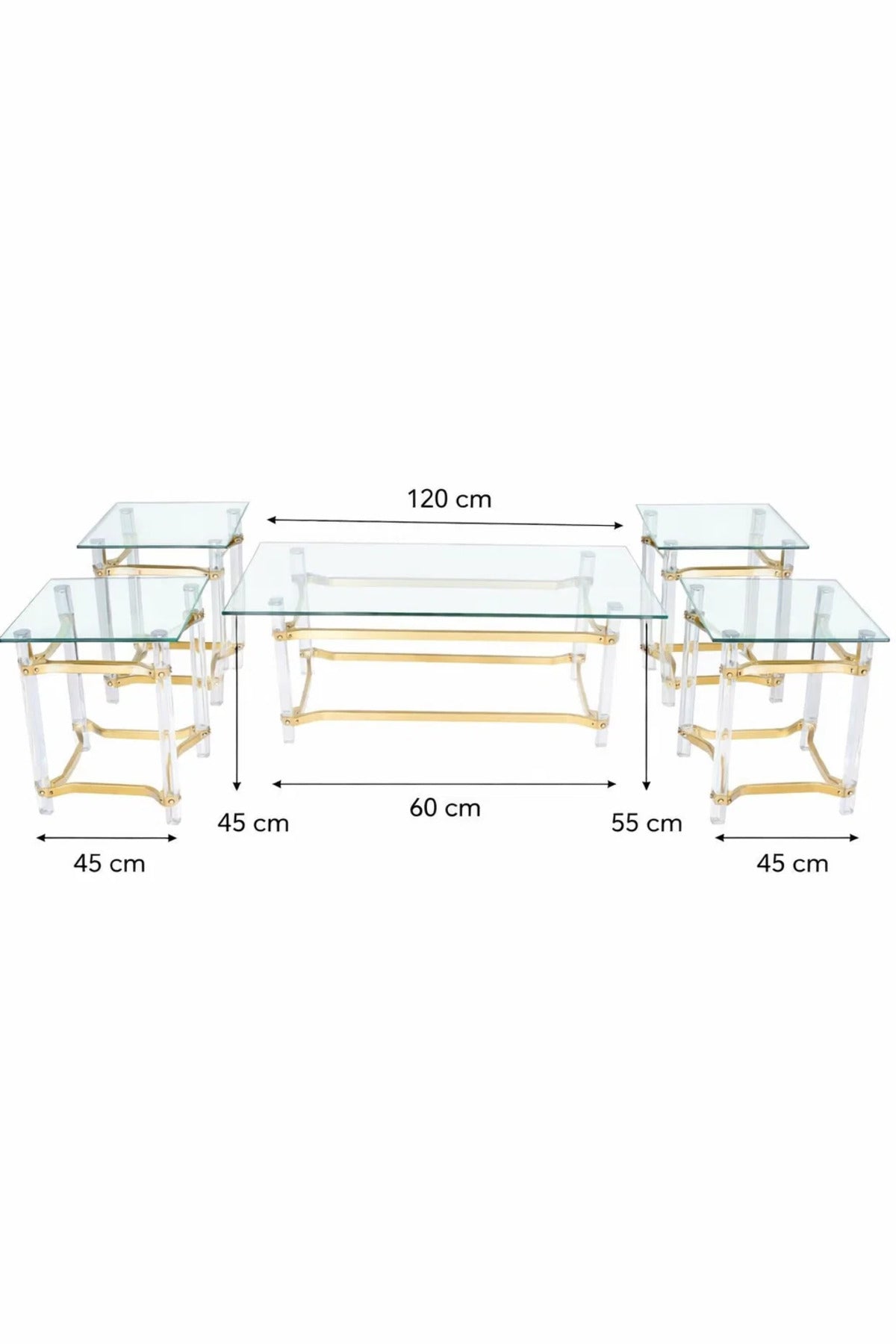 Luxury 5 Piece Acrylic Glass Table Set Gold Metal Frame Modern Living Room Furniture Set