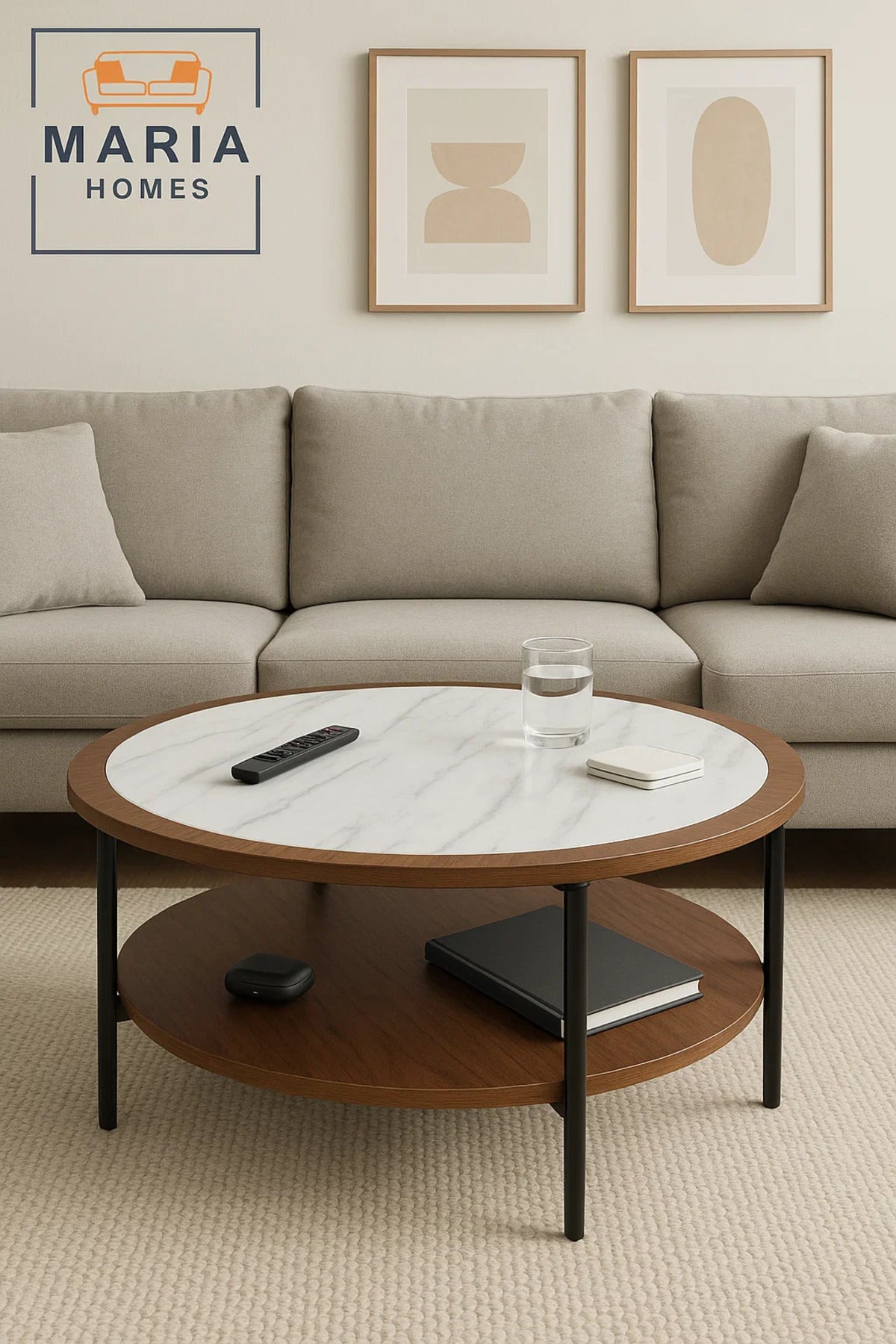 Center Table White With Marble Style Top And Walnut Round Coffee Table With Dual Shelf