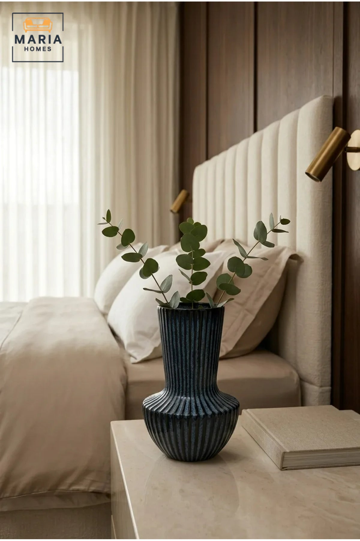 Blue Ribbed Decorative Vase, Modern Fluted Flower Holder with Tall Neck and Rounded Base for Living Room, Bedroom, Office, Shelf and Table Décor