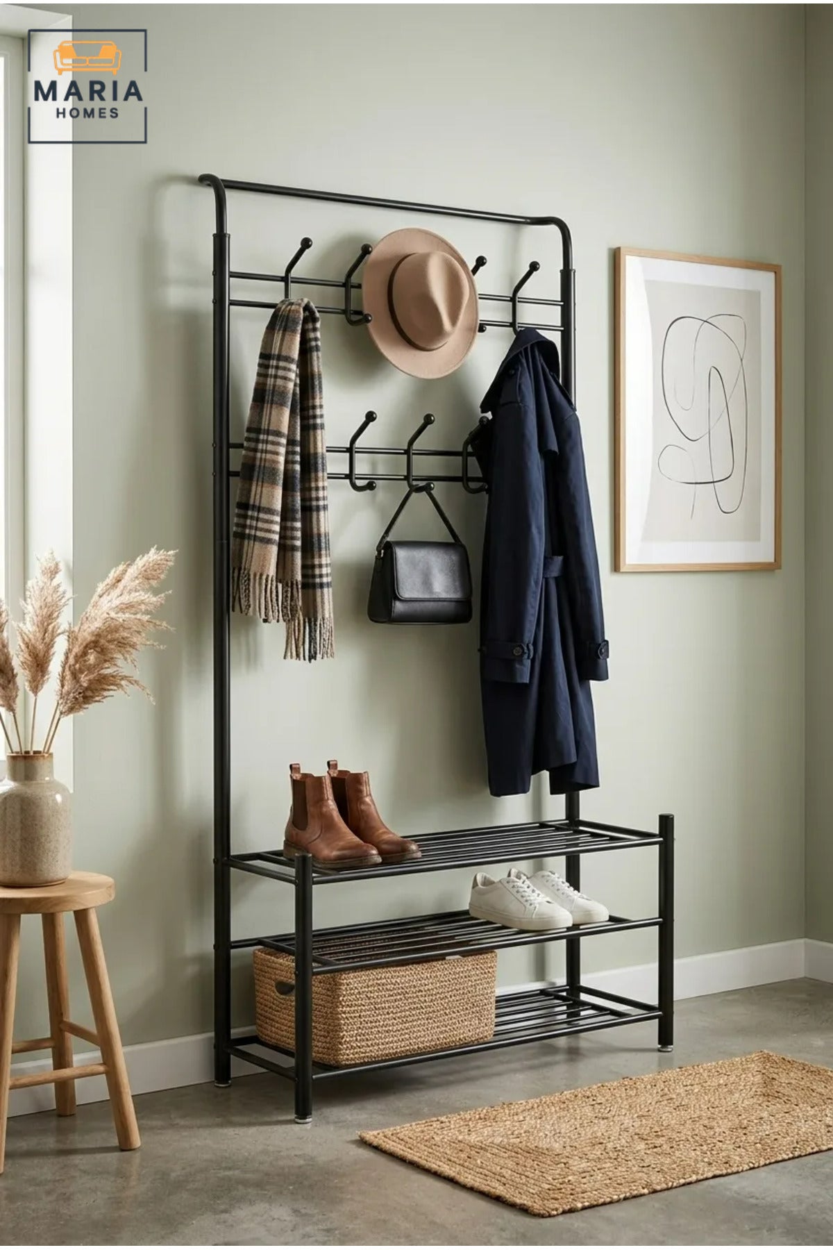 Freestanding Clothes Rack with Multiple Hanging Hooks and Three Storage Shelves, Garment Organiser for Bedroom, Dressing Room, Laundry Room and Boutique