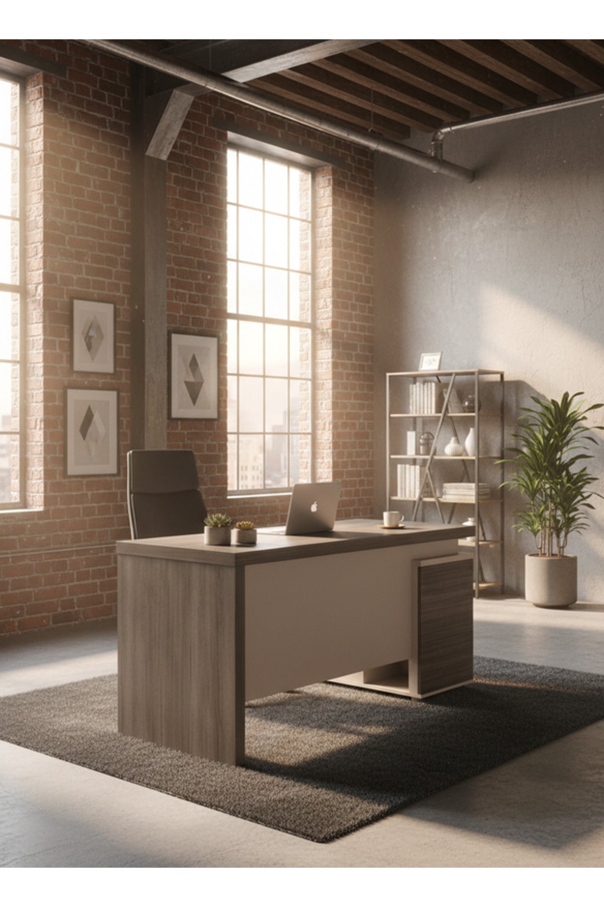 Modern Dark Wood Office Desk with 3 Drawer Storage